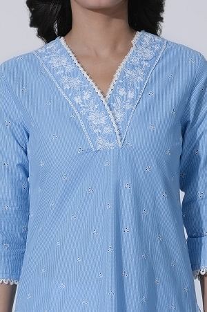 Blue Schiffli Kurta With Overlapping Neckline - Image 6