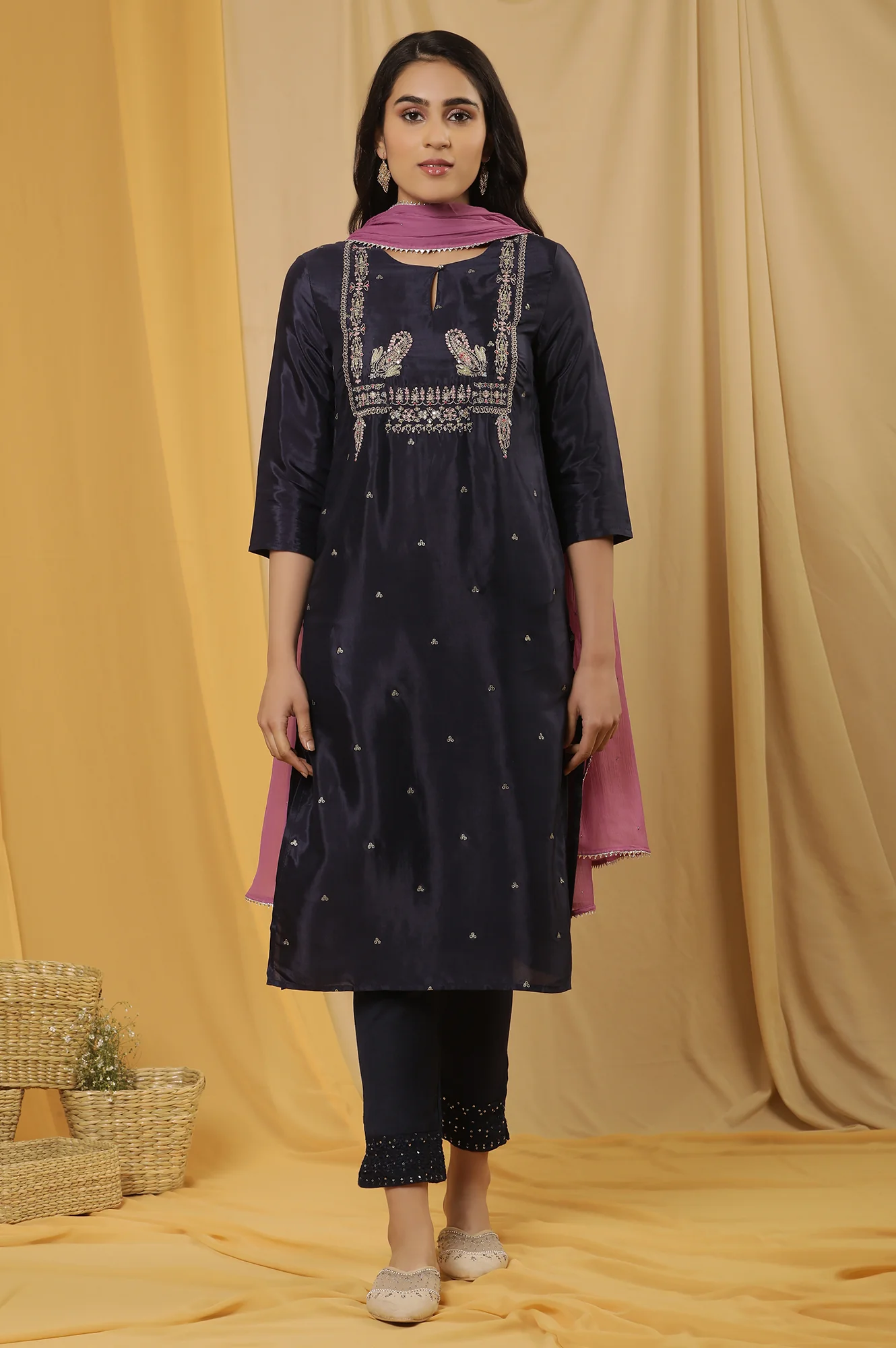 Blue Shantung Embroidered Kurta, Pants And Dupatta Set - Image 2