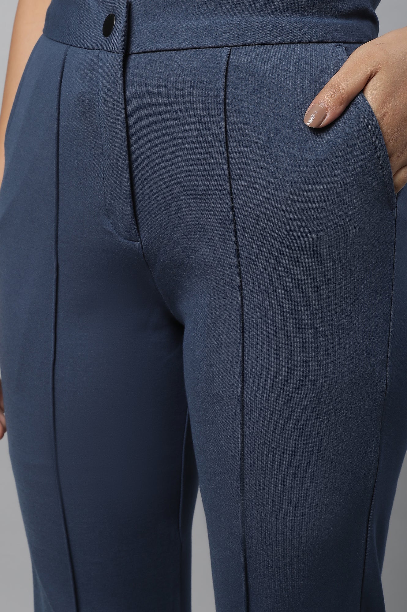 Elleven Women's Blue Solid Straight-fit Knit Trousers with Pintuck Detail - Image 7