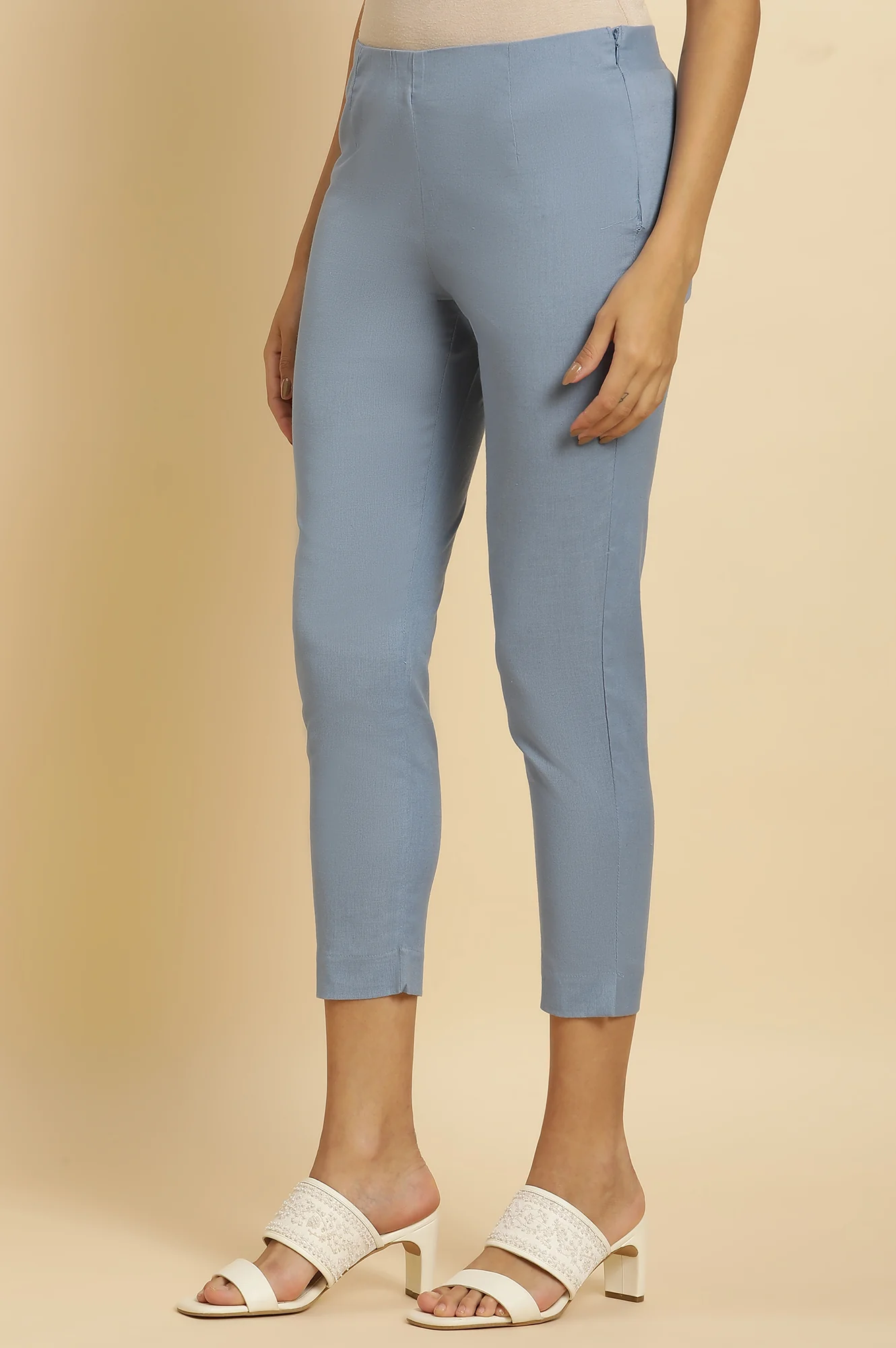 Blue Solid Slim Pants - Image 2