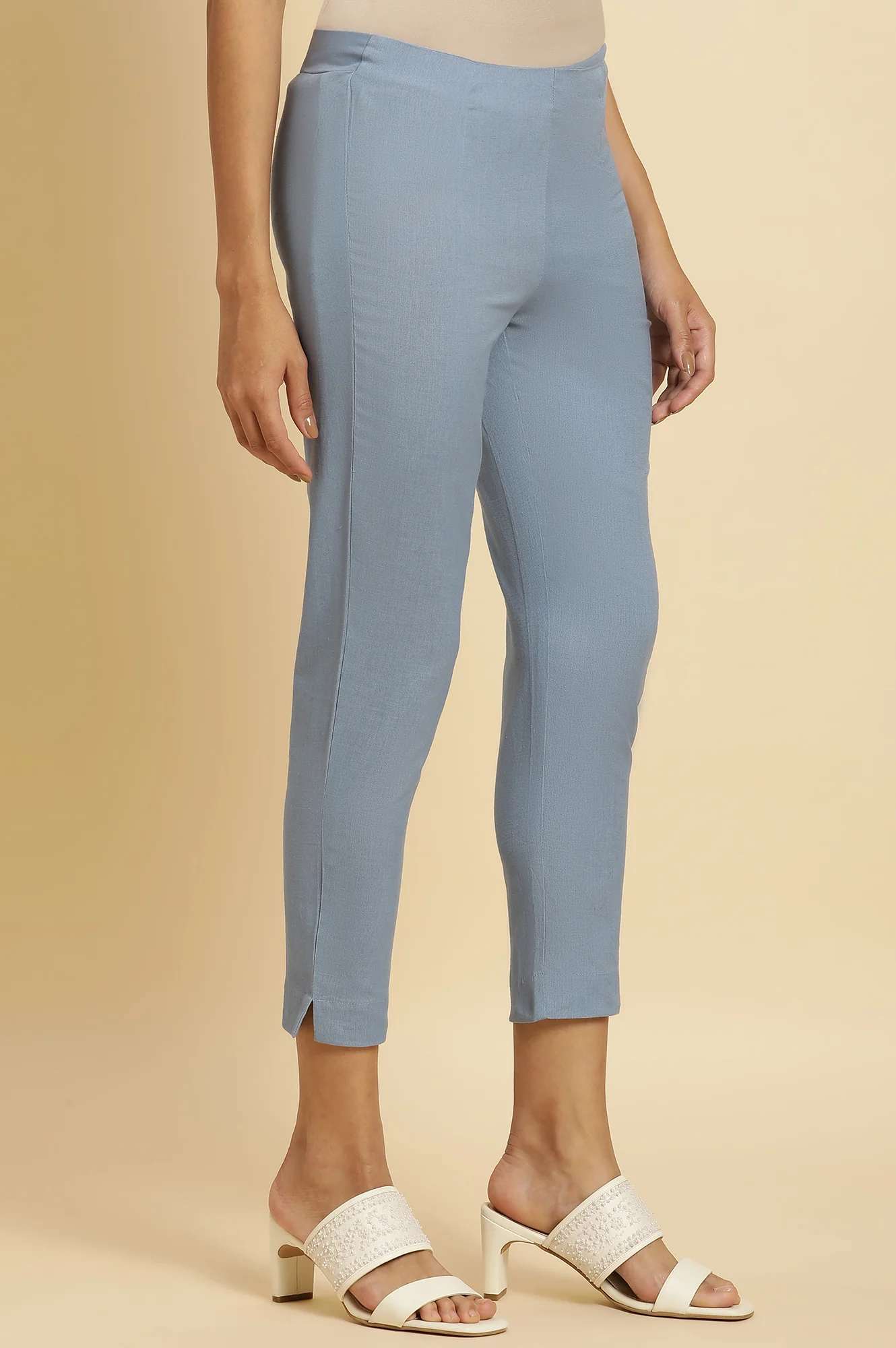 Blue Solid Slim Pants - Image 4