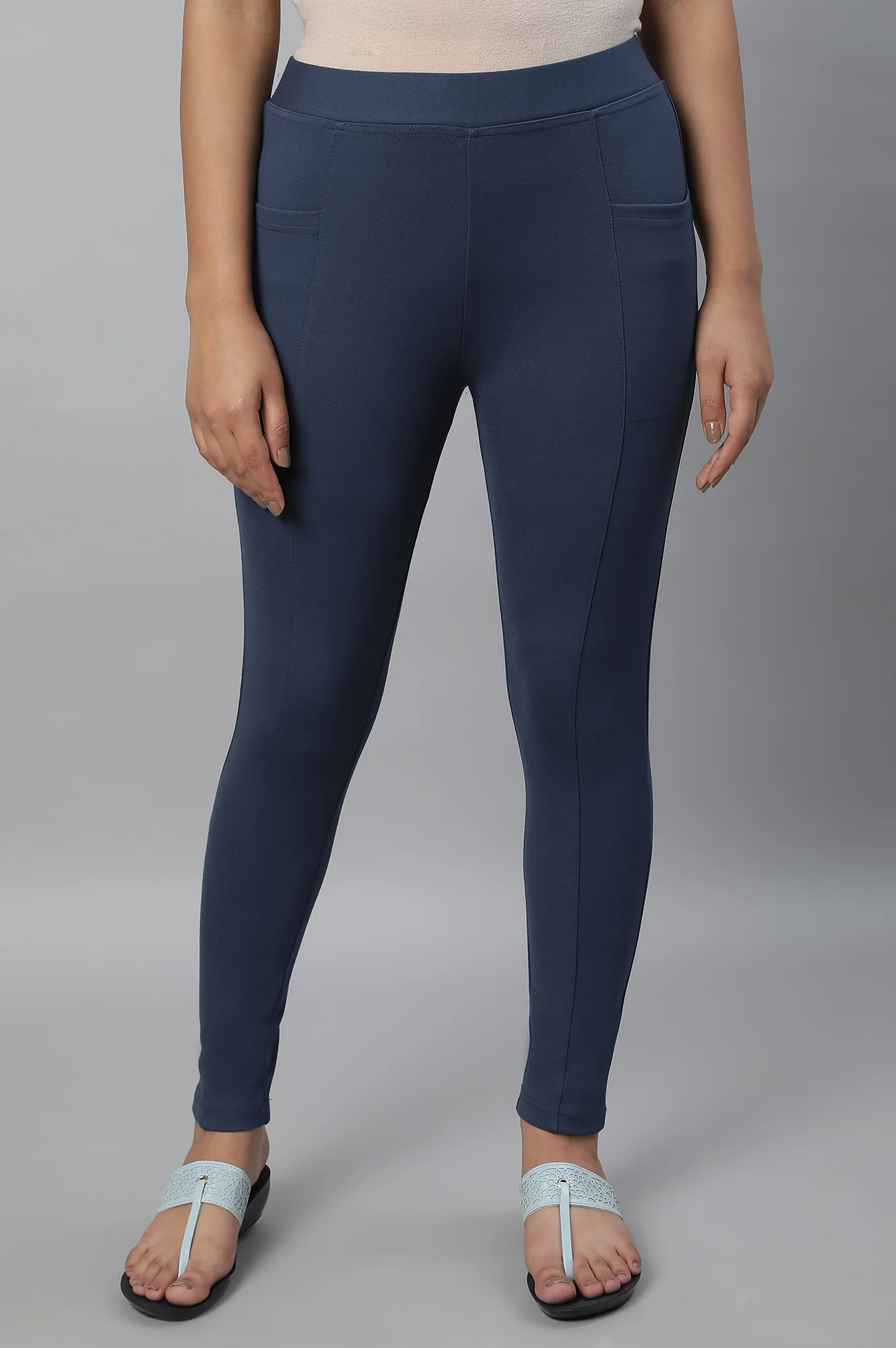 Elleven Women's Blue Solid Skinny-fit Knit Tights with Elasticated Waistband