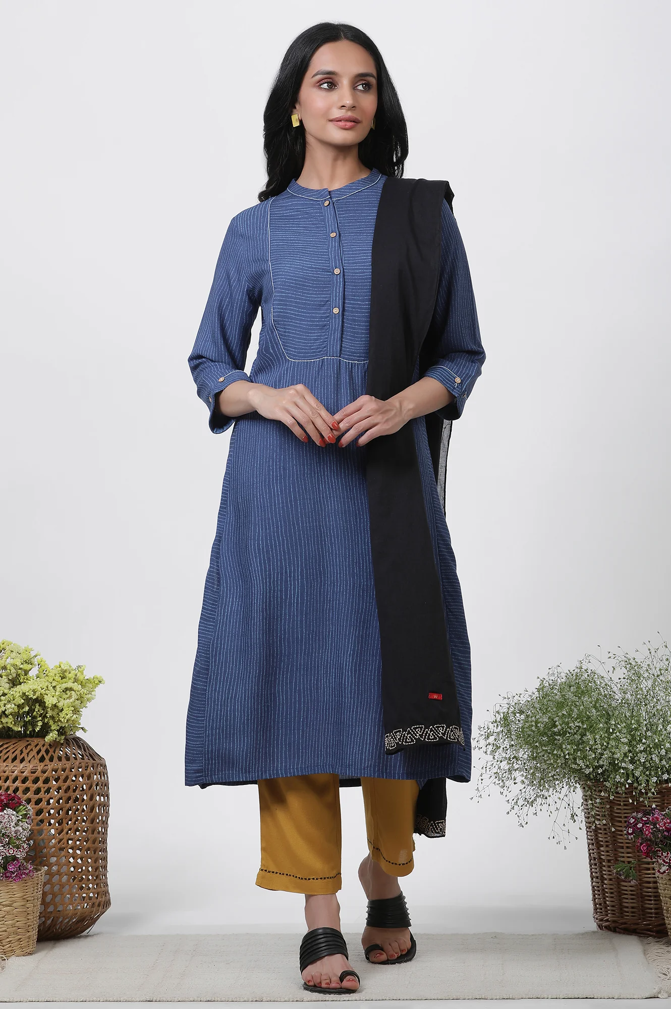 Blue Striped Kurta, Pants And Dupatta Set - Image 2