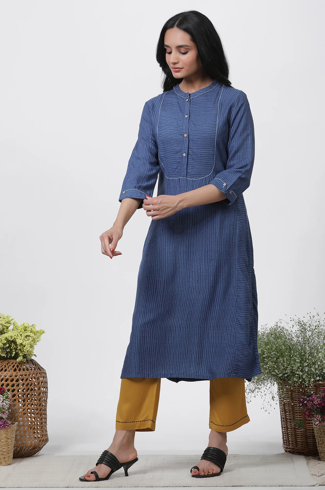 Blue Striped Kurta, Pants And Dupatta Set - Image 3