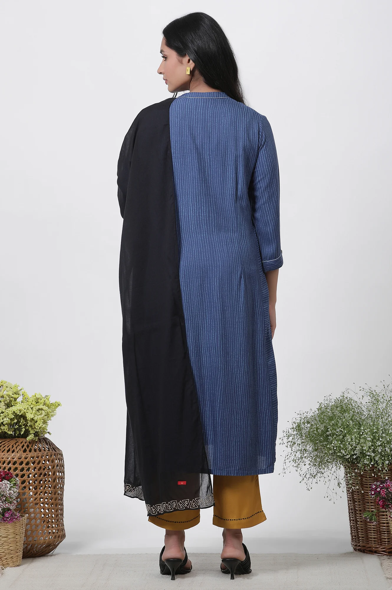 Blue Striped Kurta, Pants And Dupatta Set - Image 4