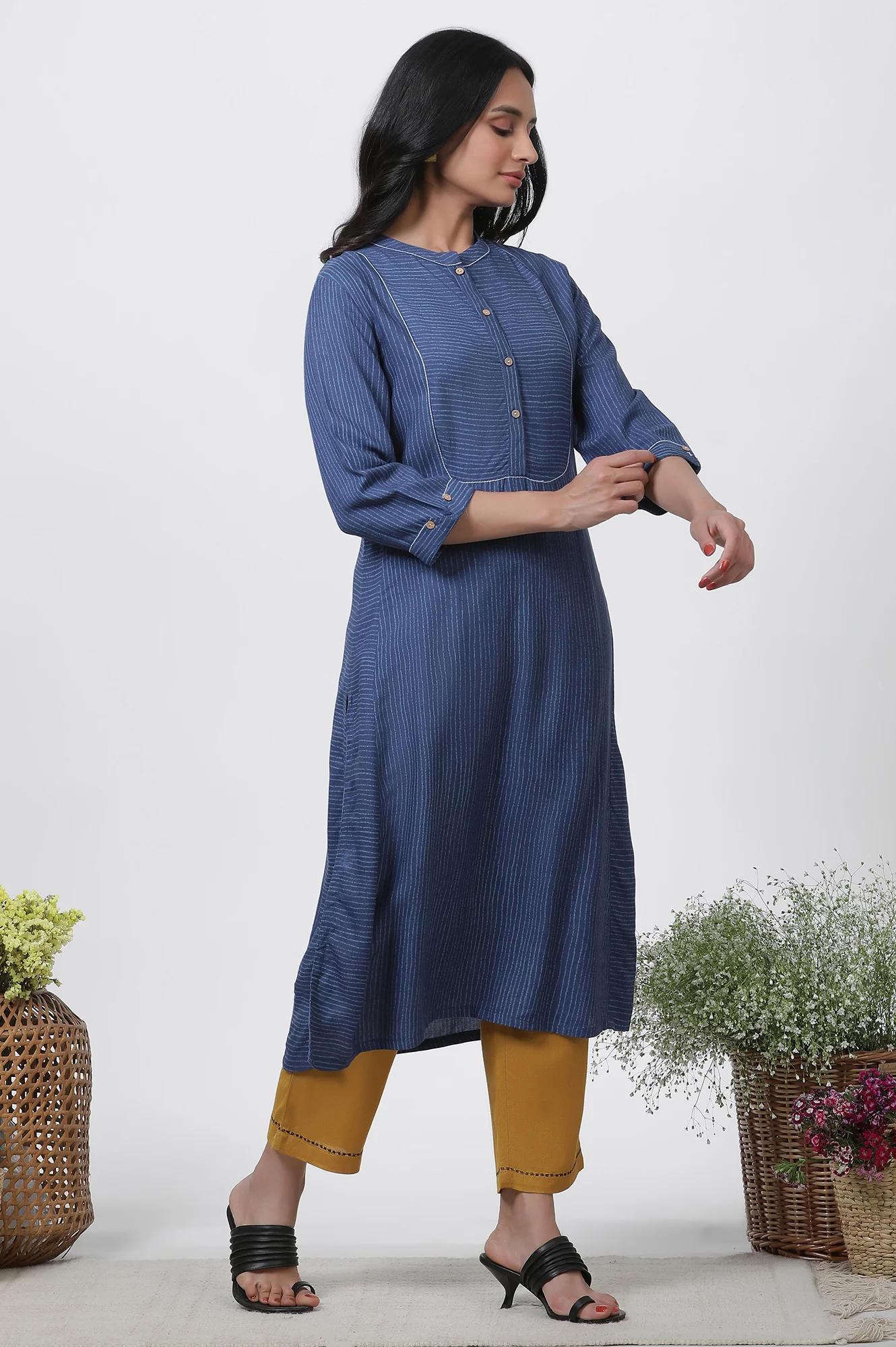 Blue Striped Kurta, Pants And Dupatta Set - Image 5