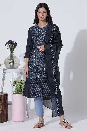 Blue Suzani Motif Printed Kurta, Pants With Dupatta Set - Image 2