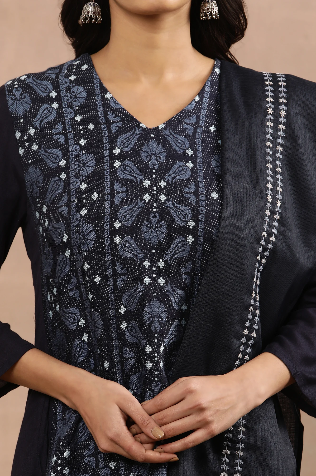 Blue Suzani Printed Kurta, Tights And Kota Dupatta - Image 6