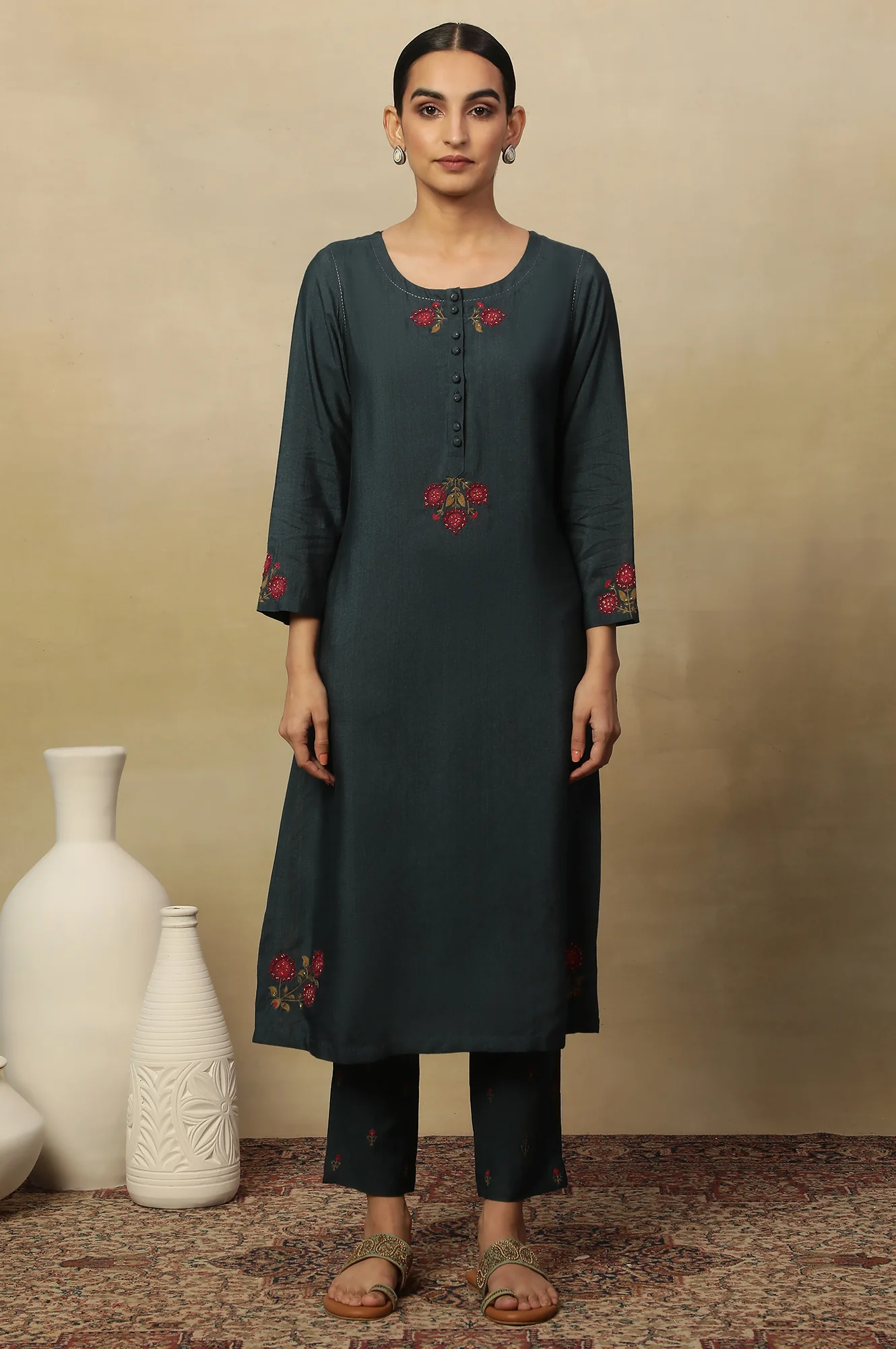 Blue Tussar Embroidered Kurta - Image 2