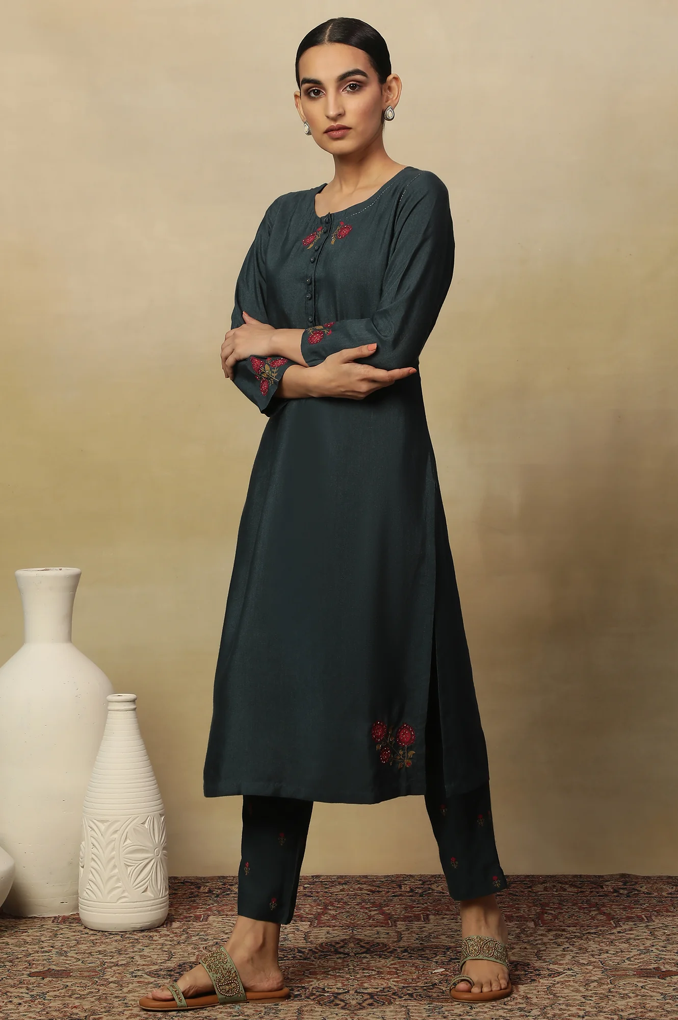 Blue Tussar Embroidered Kurta - Image 3
