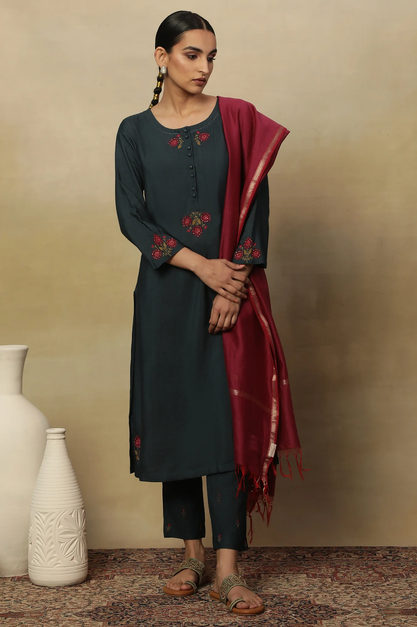 Blue Tussar Embroidered Kurta - Image 6