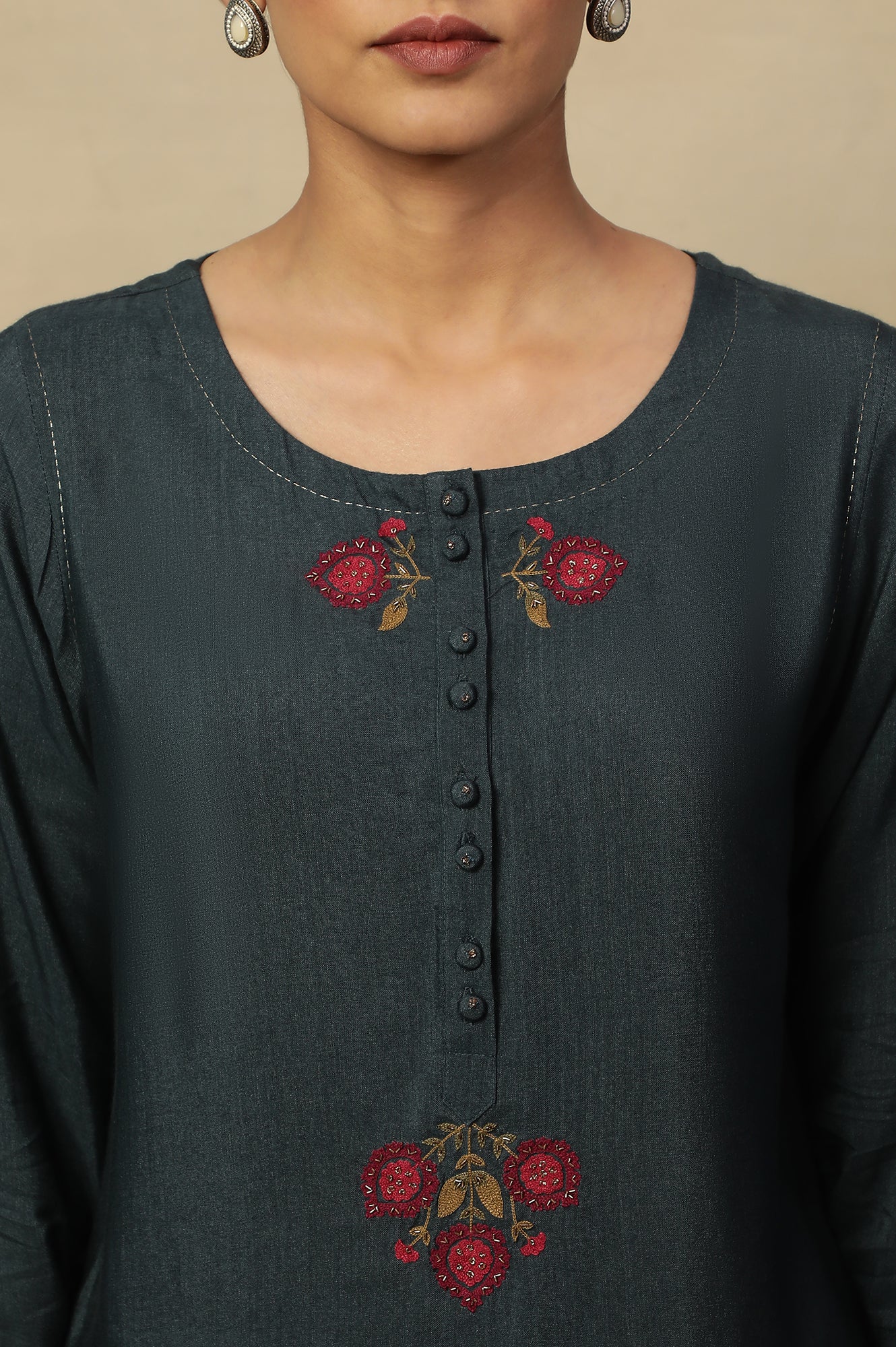 Blue Tussar Embroidered Kurta - Image 7