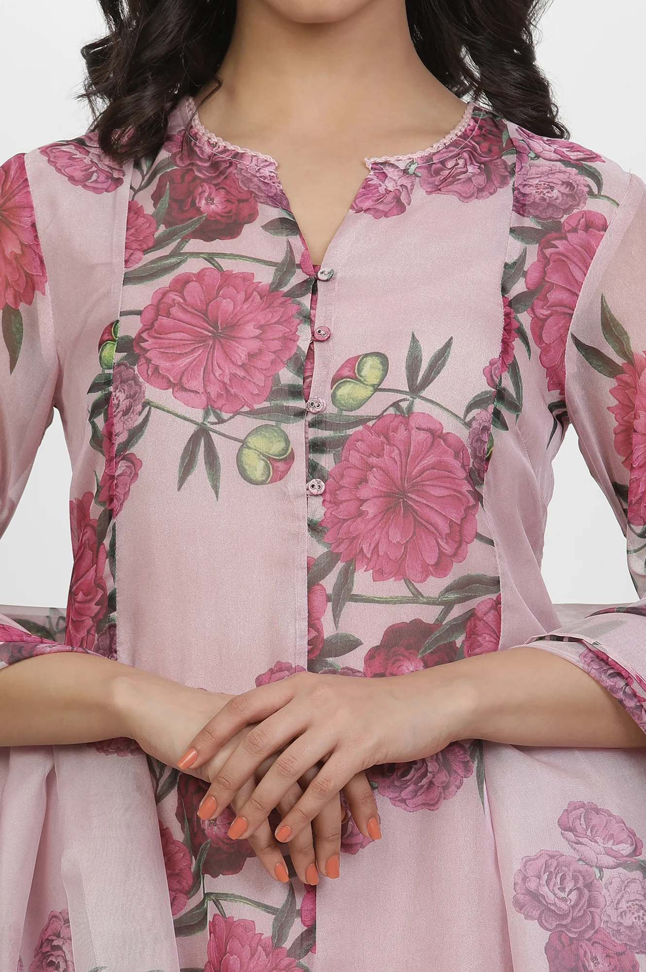 Blush Pink Floral Printed Flared Kurta, Pants And Dupatta Set - Image 6