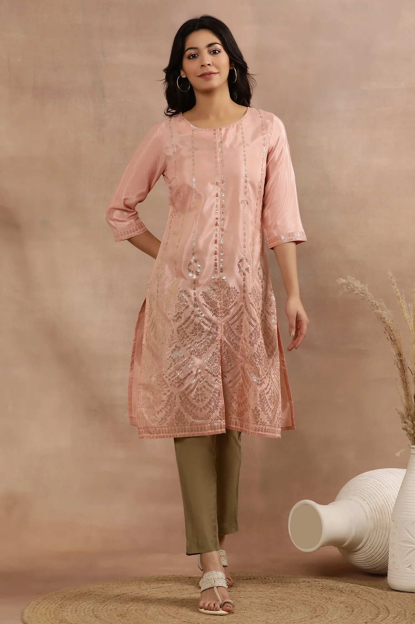 Blush Pink Mukaish Printed Kurta And Pants Set - Image 2