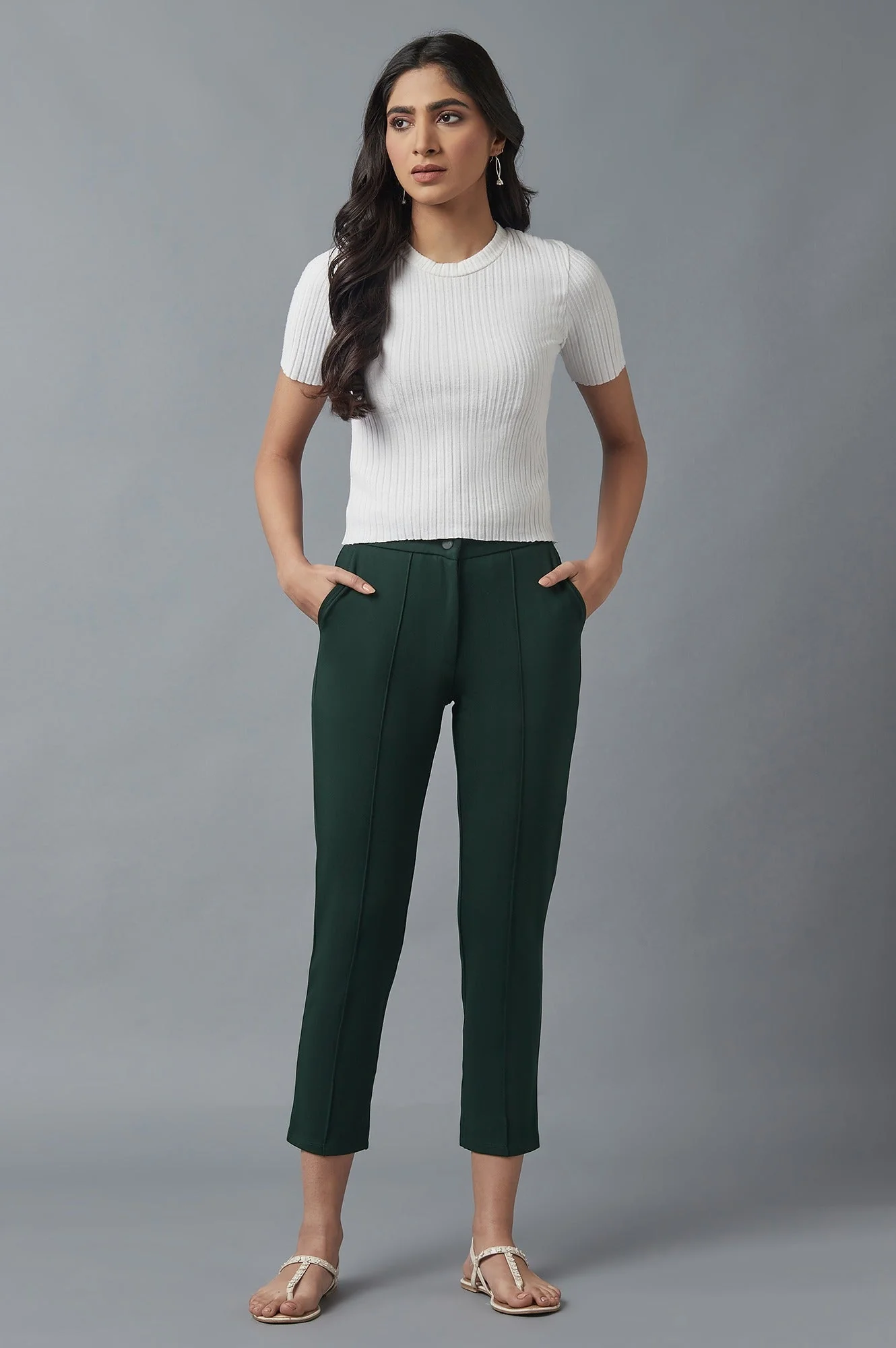 Elleven Women's Bottle Green Solid Straight Fit Trousers With Pintuck Detail - Image 5