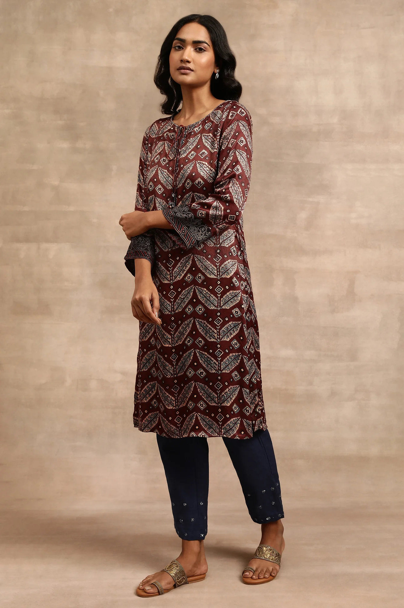 Brick Red Ajrakh kurta In Lustrous Satin - Image 3
