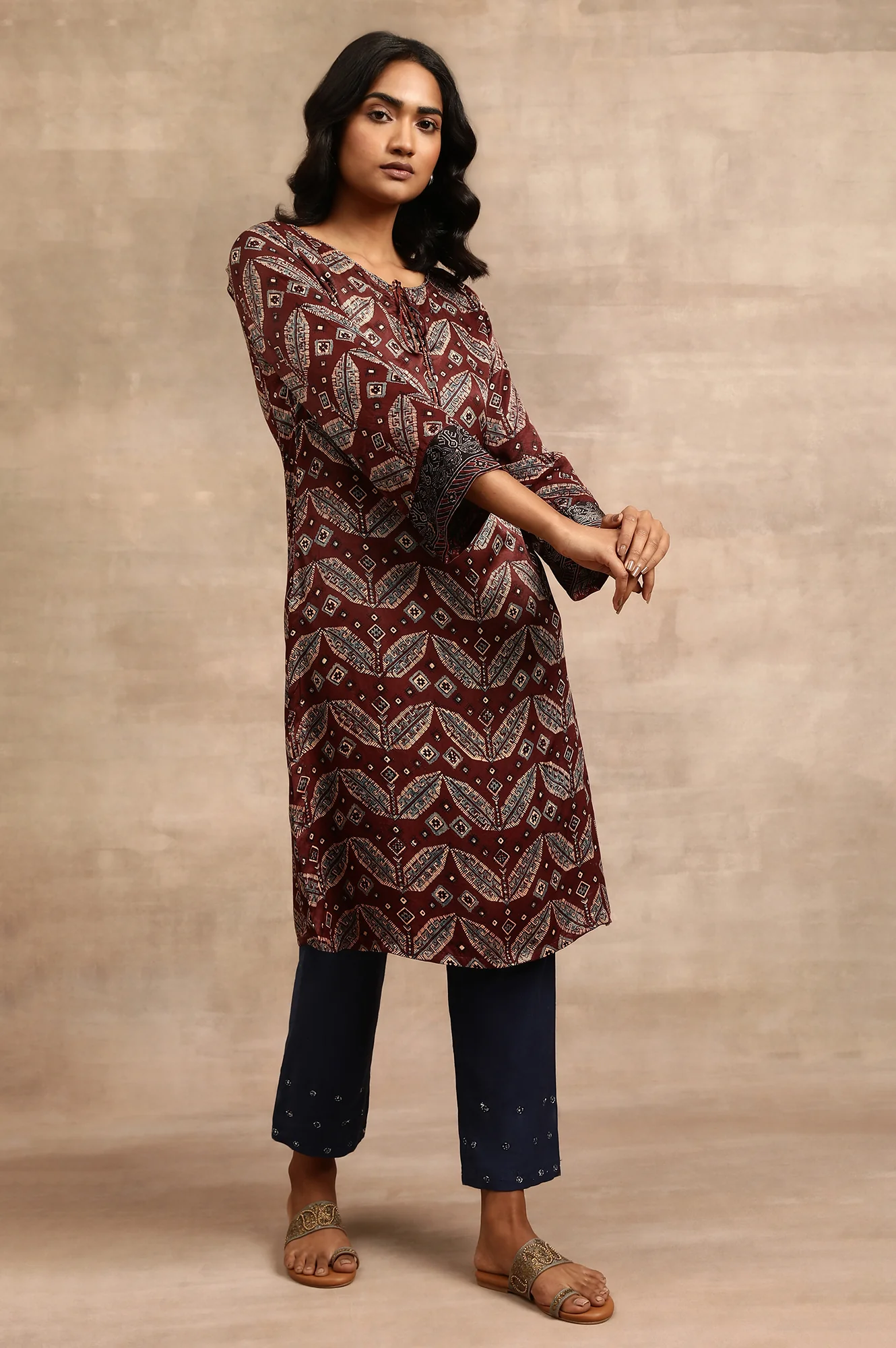 Brick Red Ajrakh kurta In Lustrous Satin - Image 4