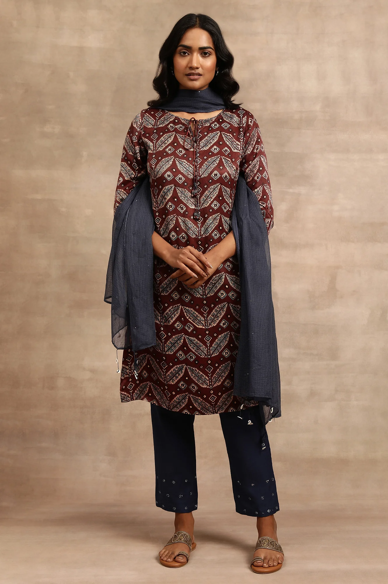 Brick Red Ajrakh kurta In Lustrous Satin - Image 5