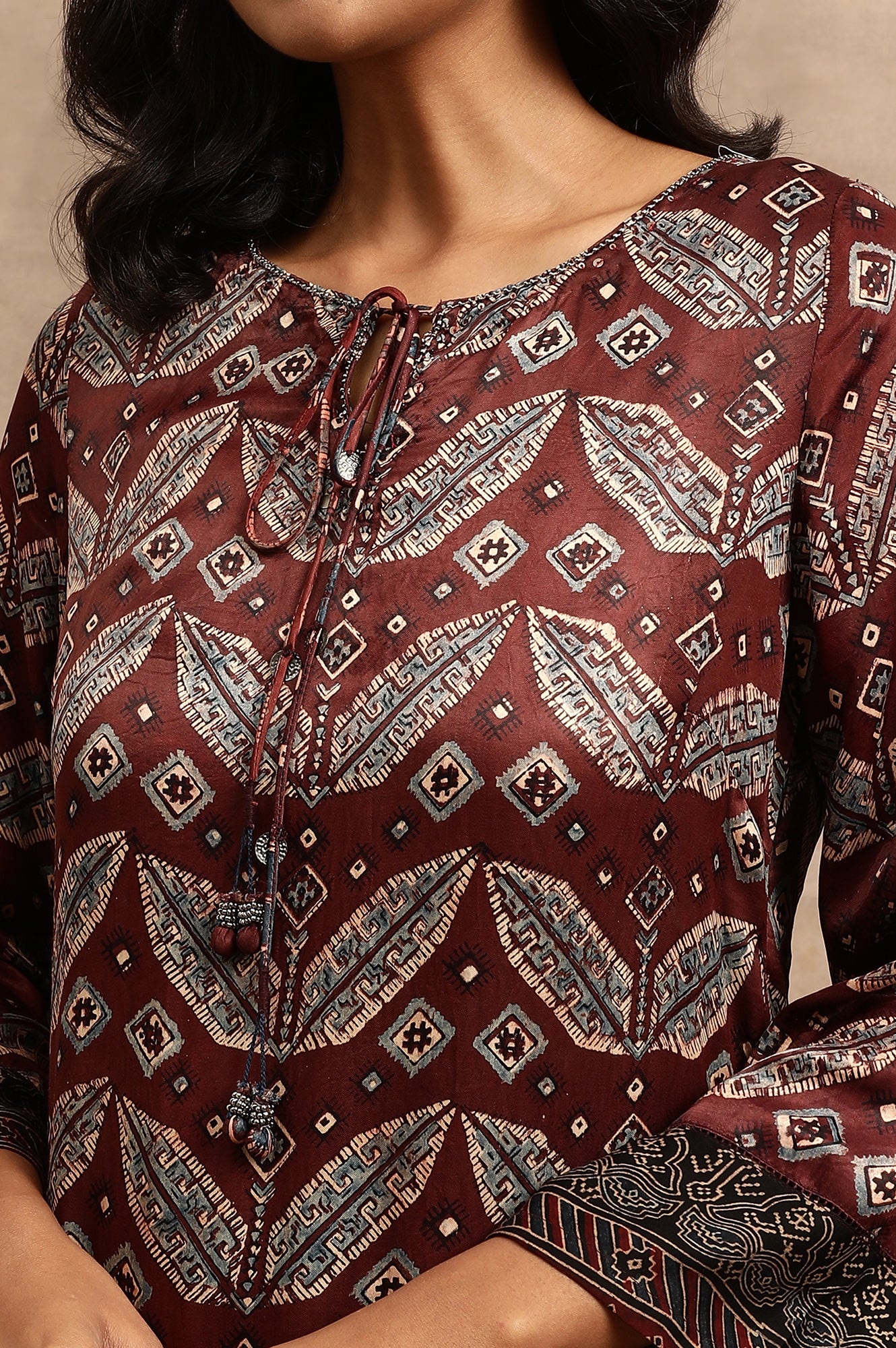 Brick Red Ajrakh kurta In Lustrous Satin - Image 6