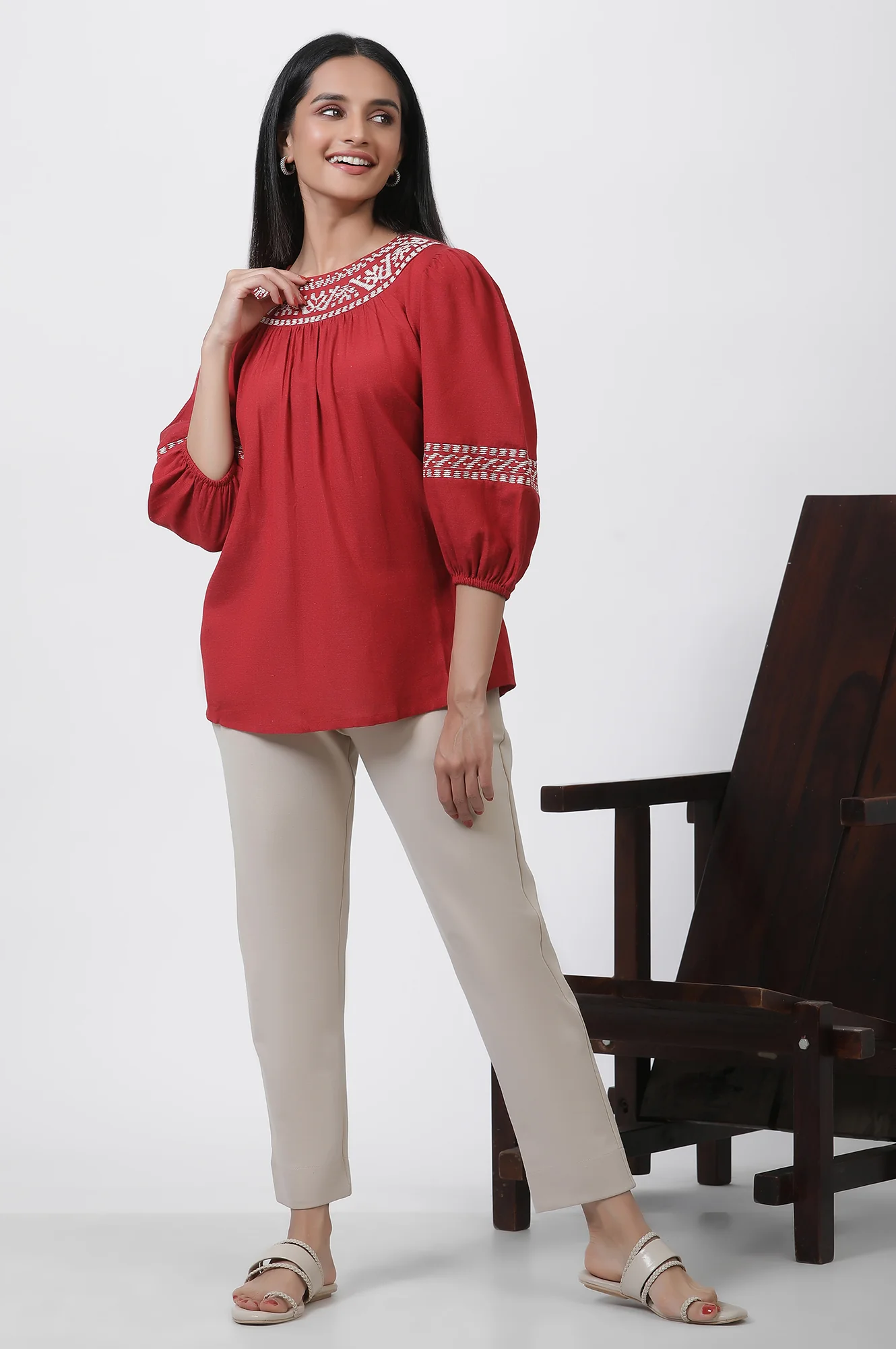 Brick Red Thread Embroidered Top - Image 5