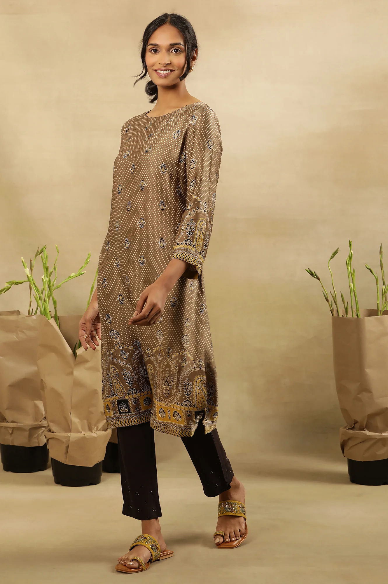 Brown All Over Booti Printed  Kurta In Lustrous Satin - Image 3