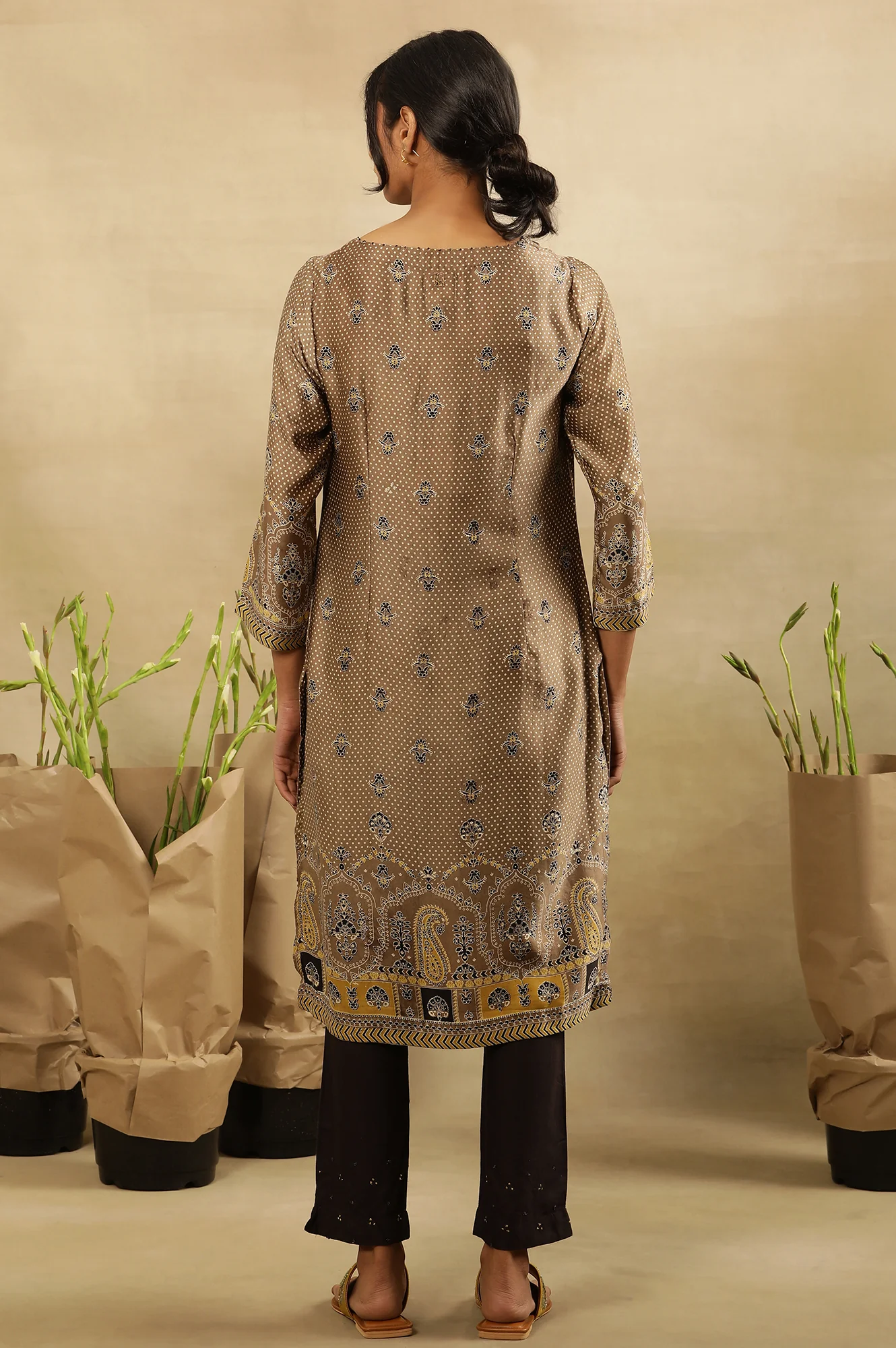 Brown All Over Booti Printed  Kurta In Lustrous Satin - Image 4