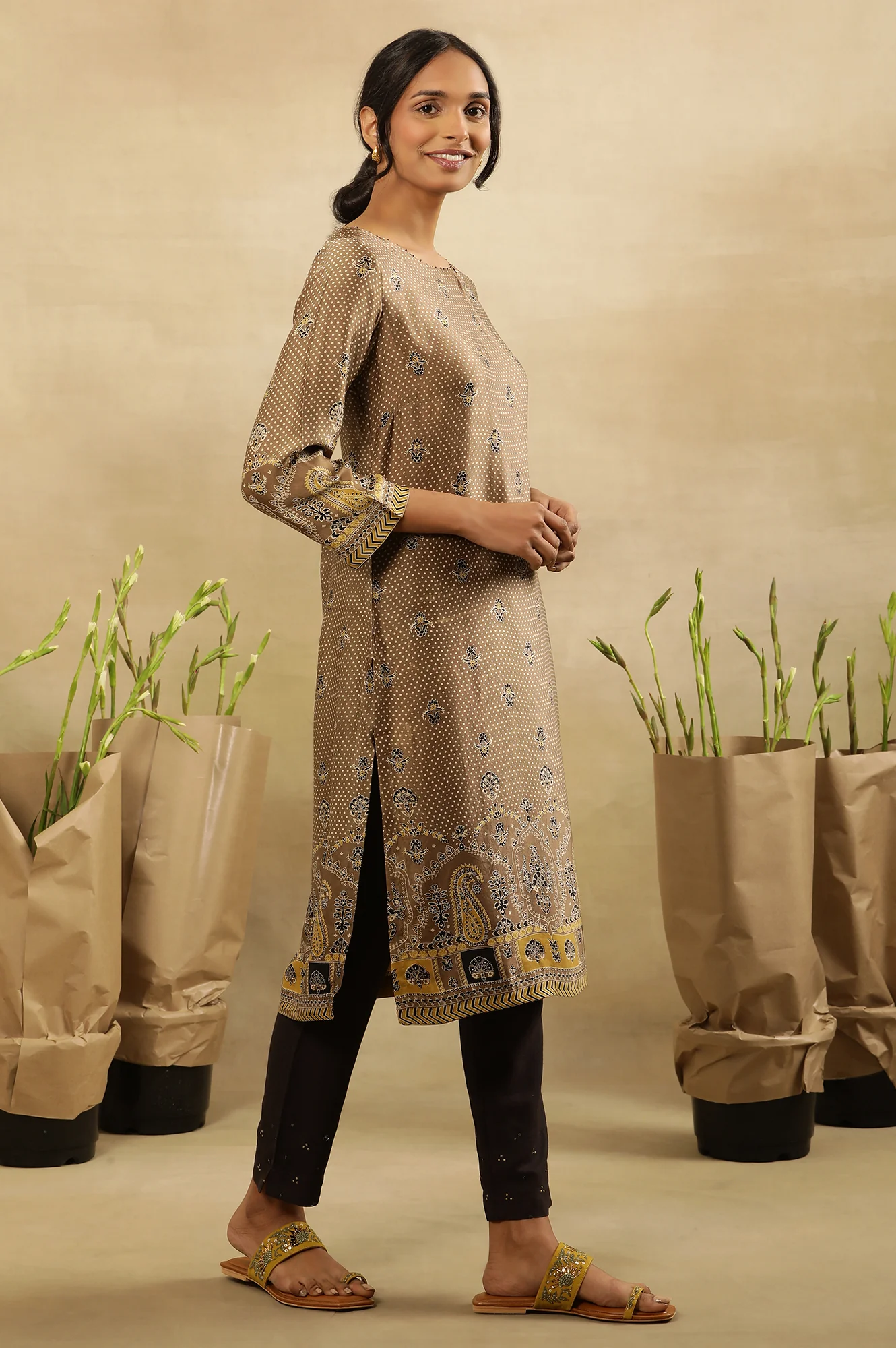 Brown All Over Booti Printed  Kurta In Lustrous Satin - Image 5