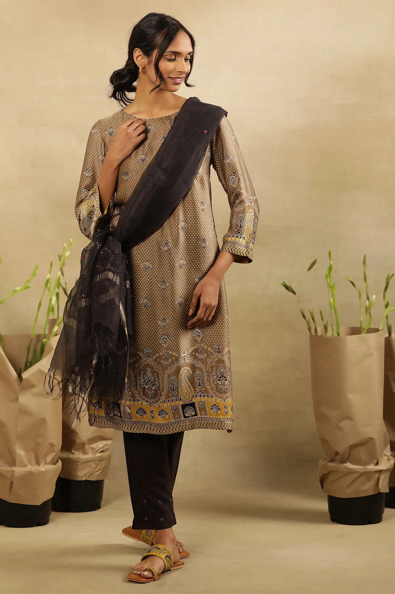 Brown All Over Booti Printed  Kurta In Lustrous Satin - Image 6
