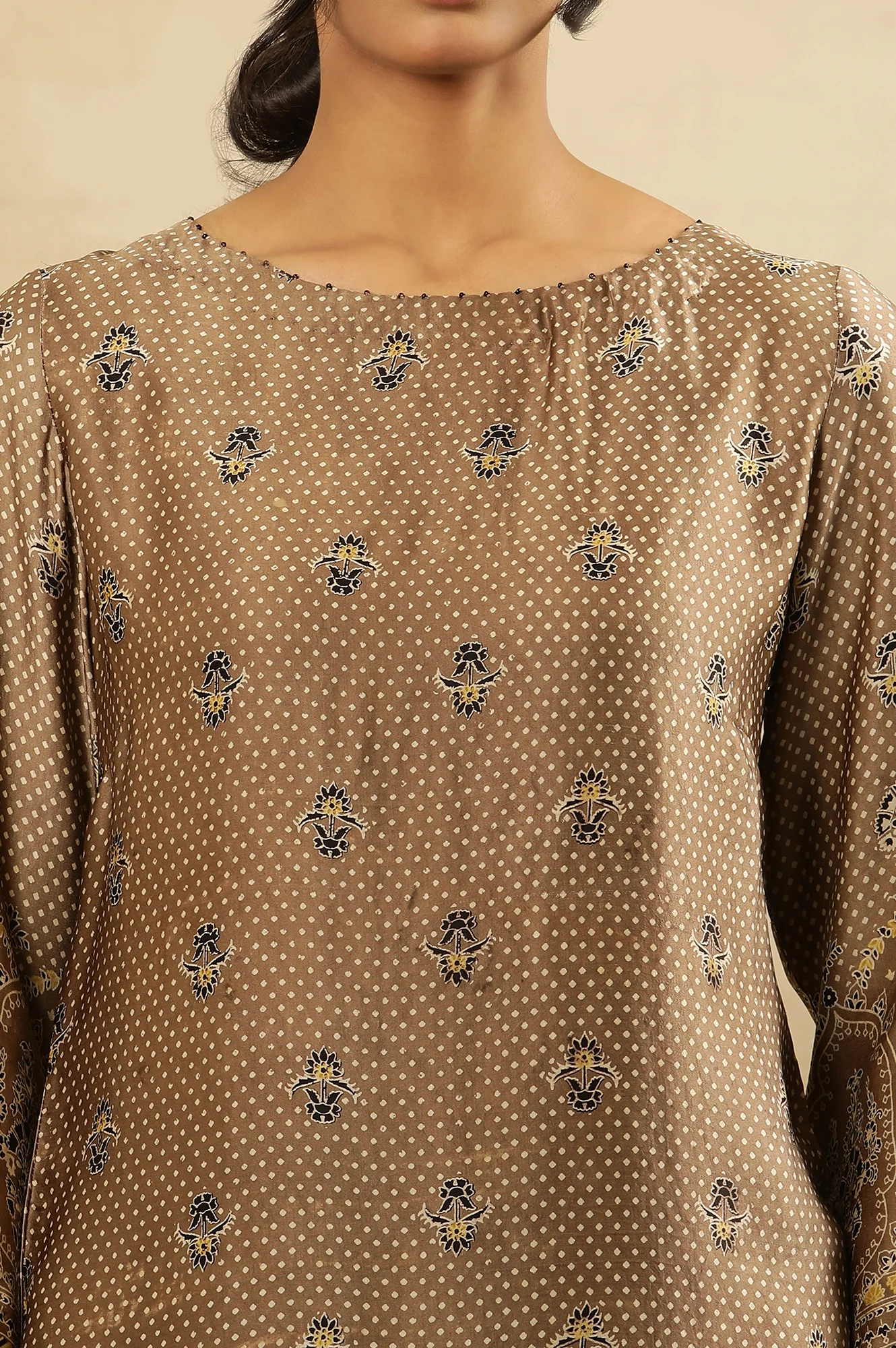Brown All Over Booti Printed  Kurta In Lustrous Satin - Image 7