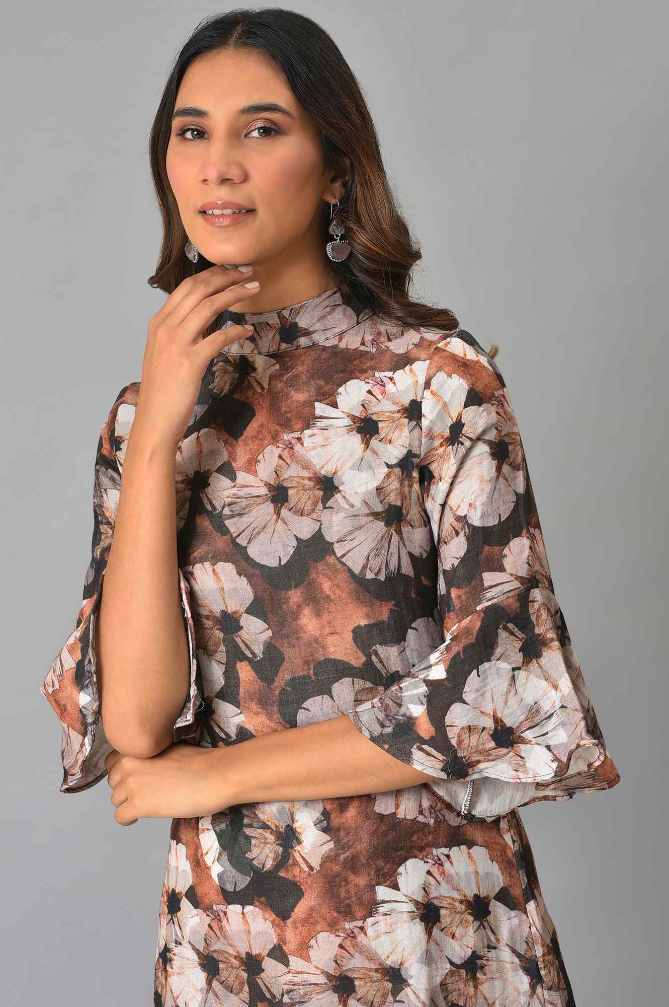 Brown Floral Printed Vaccy Dress - Image 5