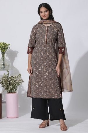 Brown Print Mix Straight Kurta, Pleated Parallel Pants With Dupatta Set - Image 2