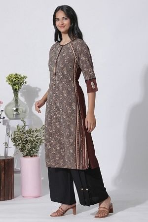 Brown Print Mix Straight Kurta, Pleated Parallel Pants With Dupatta Set - Image 3