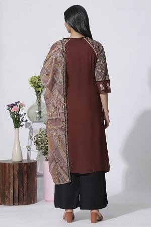 Brown Print Mix Straight Kurta, Pleated Parallel Pants With Dupatta Set - Image 4