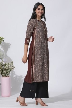 Brown Print Mix Straight Kurta, Pleated Parallel Pants With Dupatta Set - Image 5