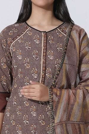 Brown Print Mix Straight Kurta, Pleated Parallel Pants With Dupatta Set - Image 6