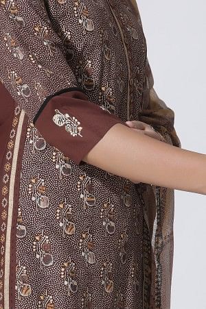 Brown Print Mix Straight Kurta, Pleated Parallel Pants With Dupatta Set - Image 7