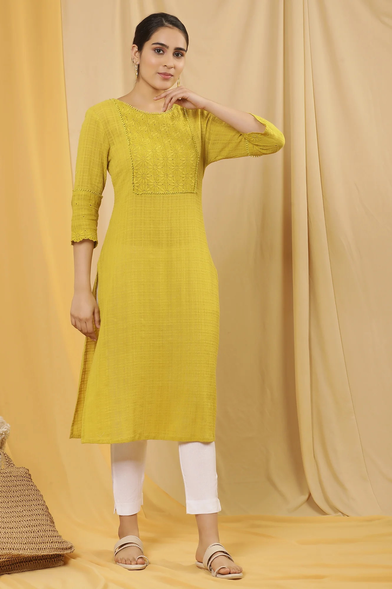 Celery Yellow Cotton Textured Embroidered Kurta - Image 5