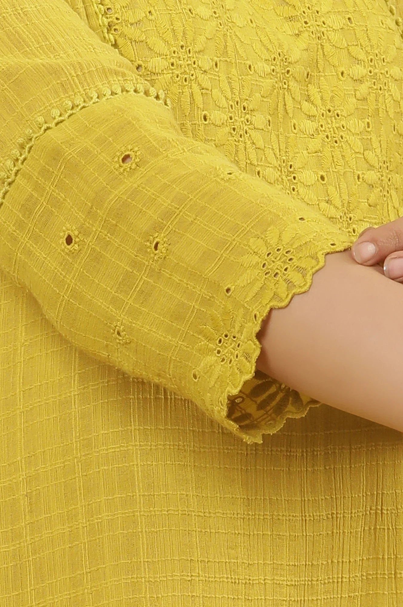 Celery Yellow Cotton Textured Embroidered Kurta - Image 7