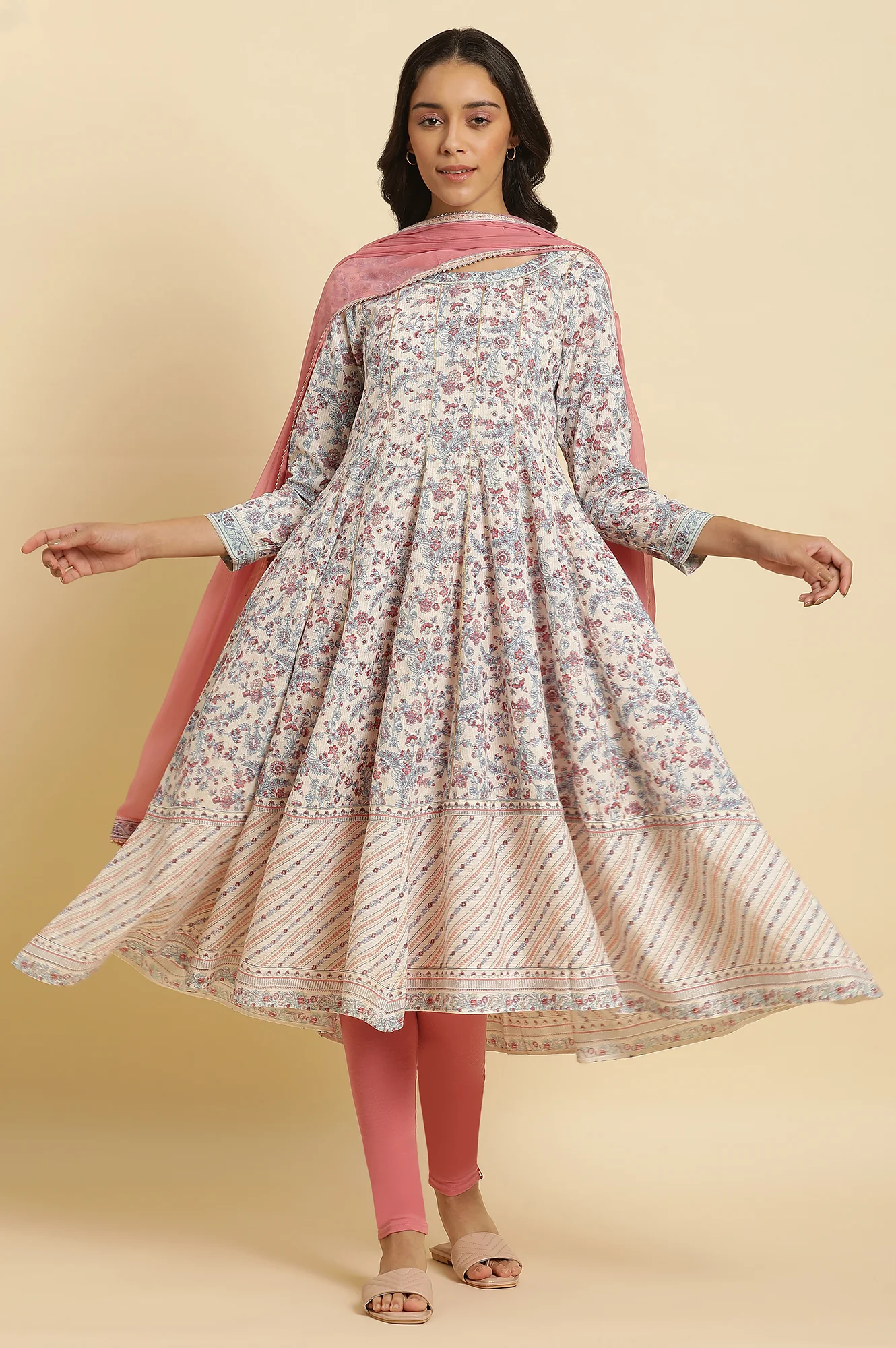 Cream Floral Printed Flared Kurta, Tights & Dupatta Set - Image 2