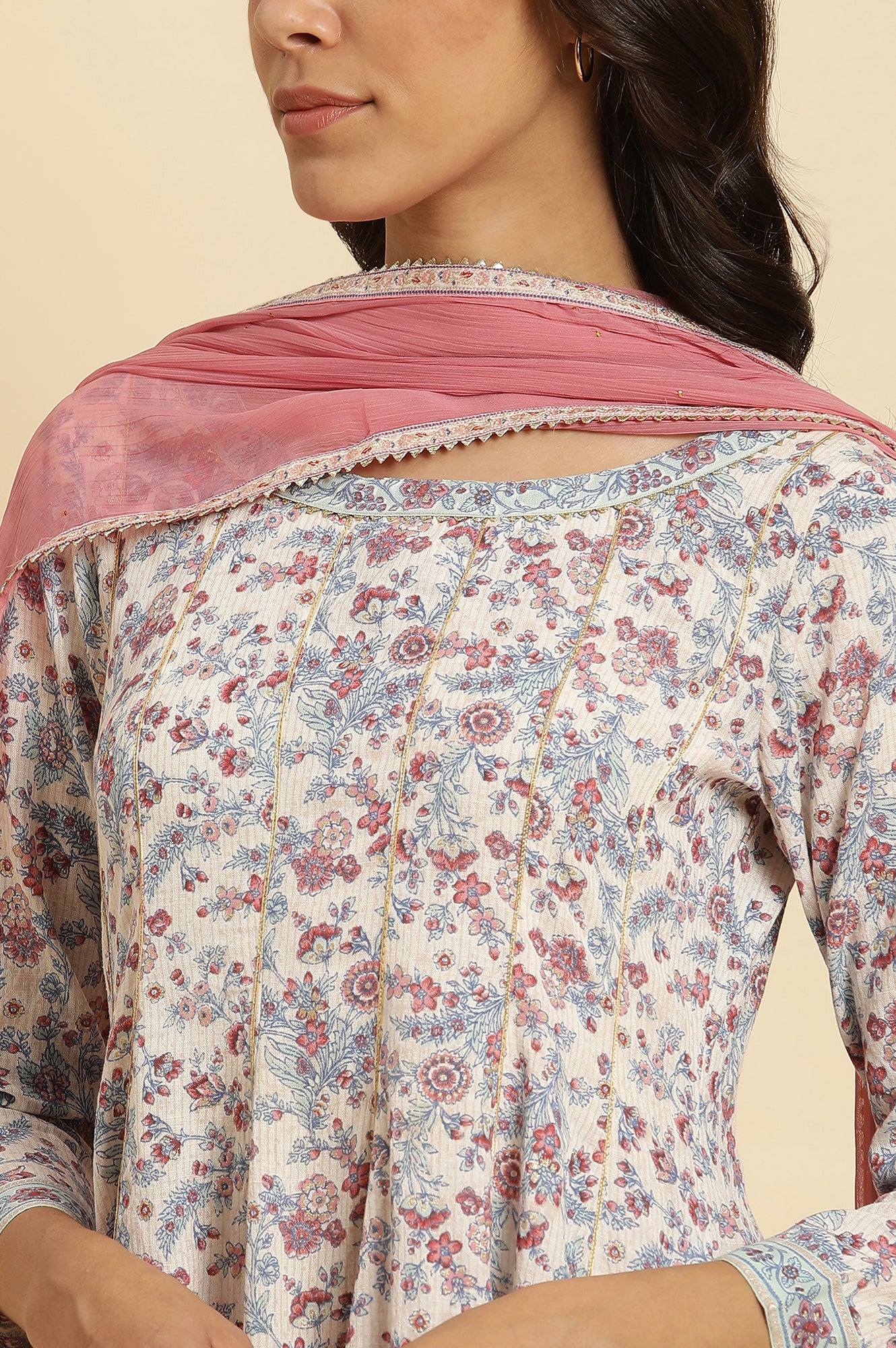 Cream Floral Printed Flared Kurta, Tights & Dupatta Set - Image 6