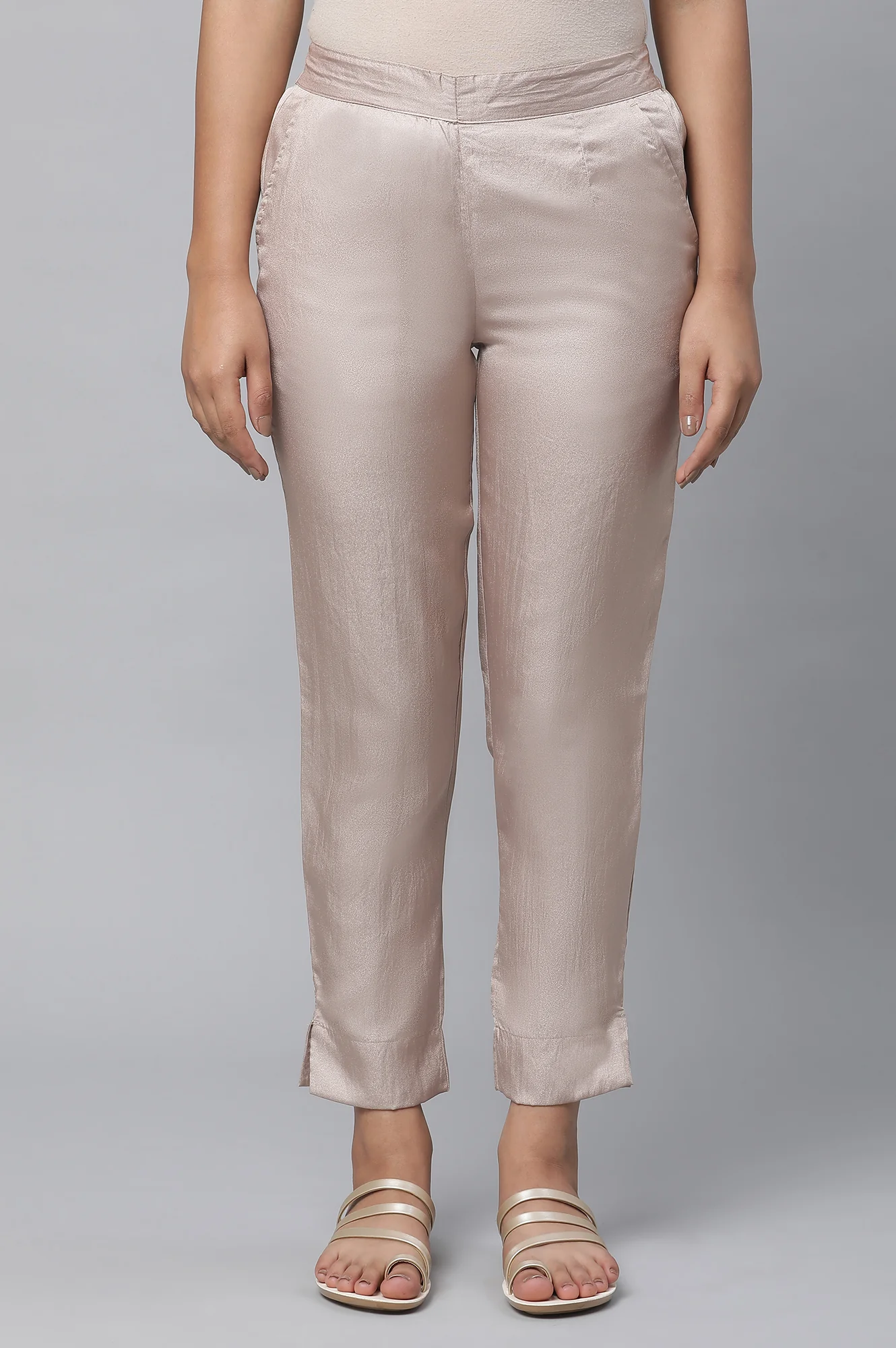 Elleven Women's Gold Solid Straight Fit Satin Pants With Elasticated Waist