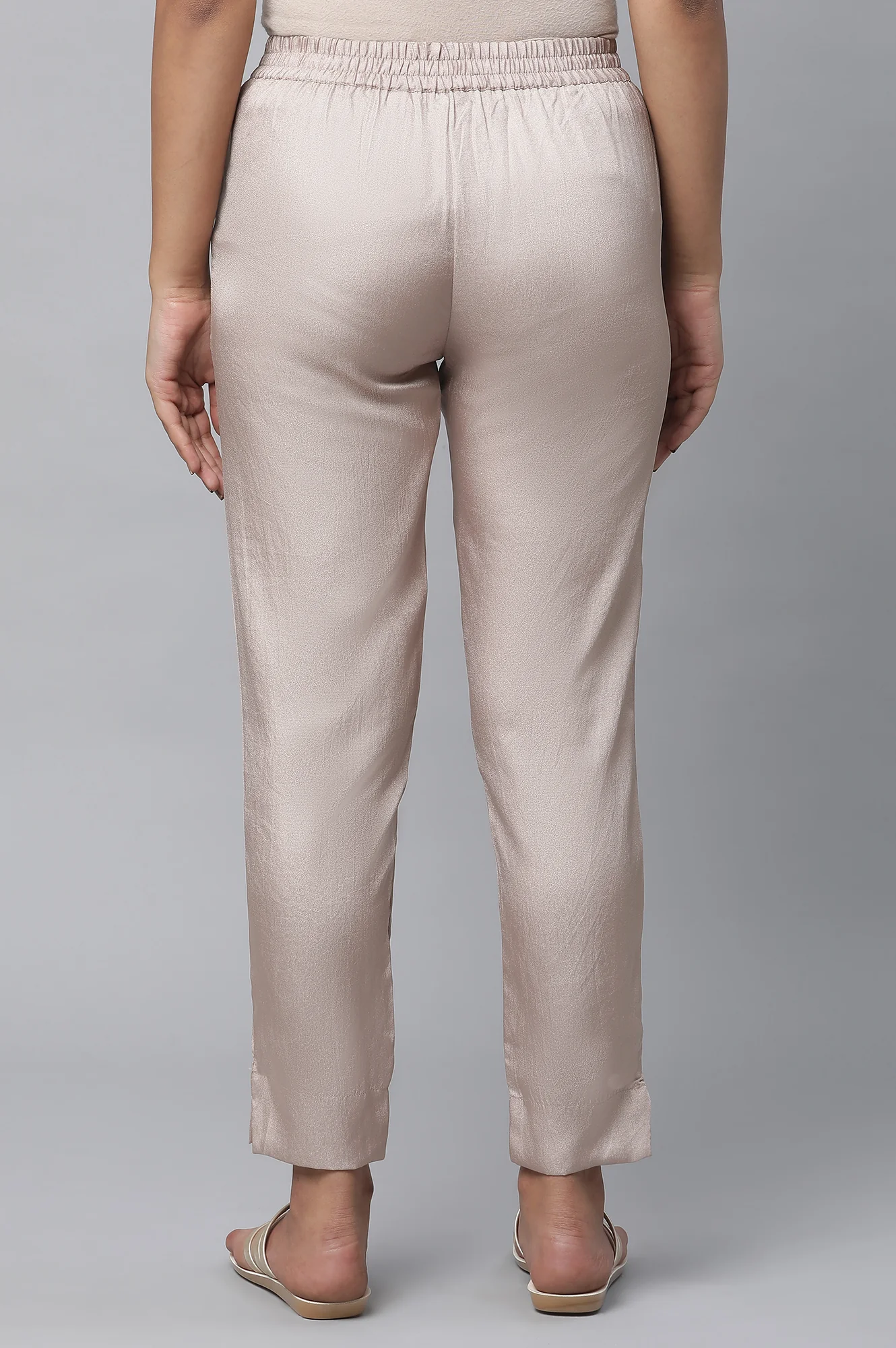 Elleven Women's Gold Solid Straight Fit Satin Pants With Elasticated Waist - Image 2