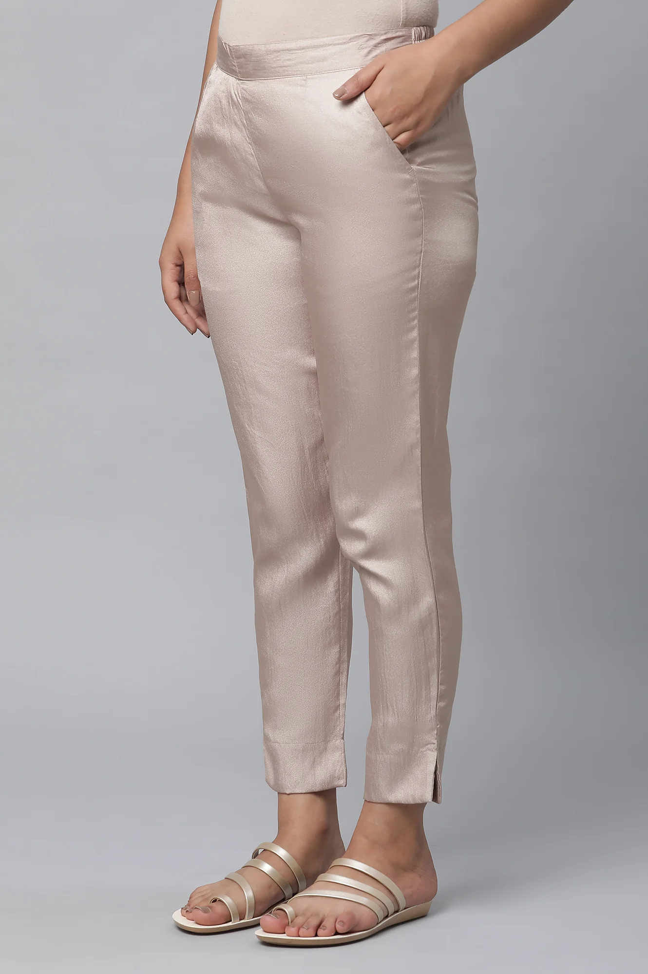 Elleven Women's Gold Solid Straight Fit Satin Pants With Elasticated Waist - Image 3