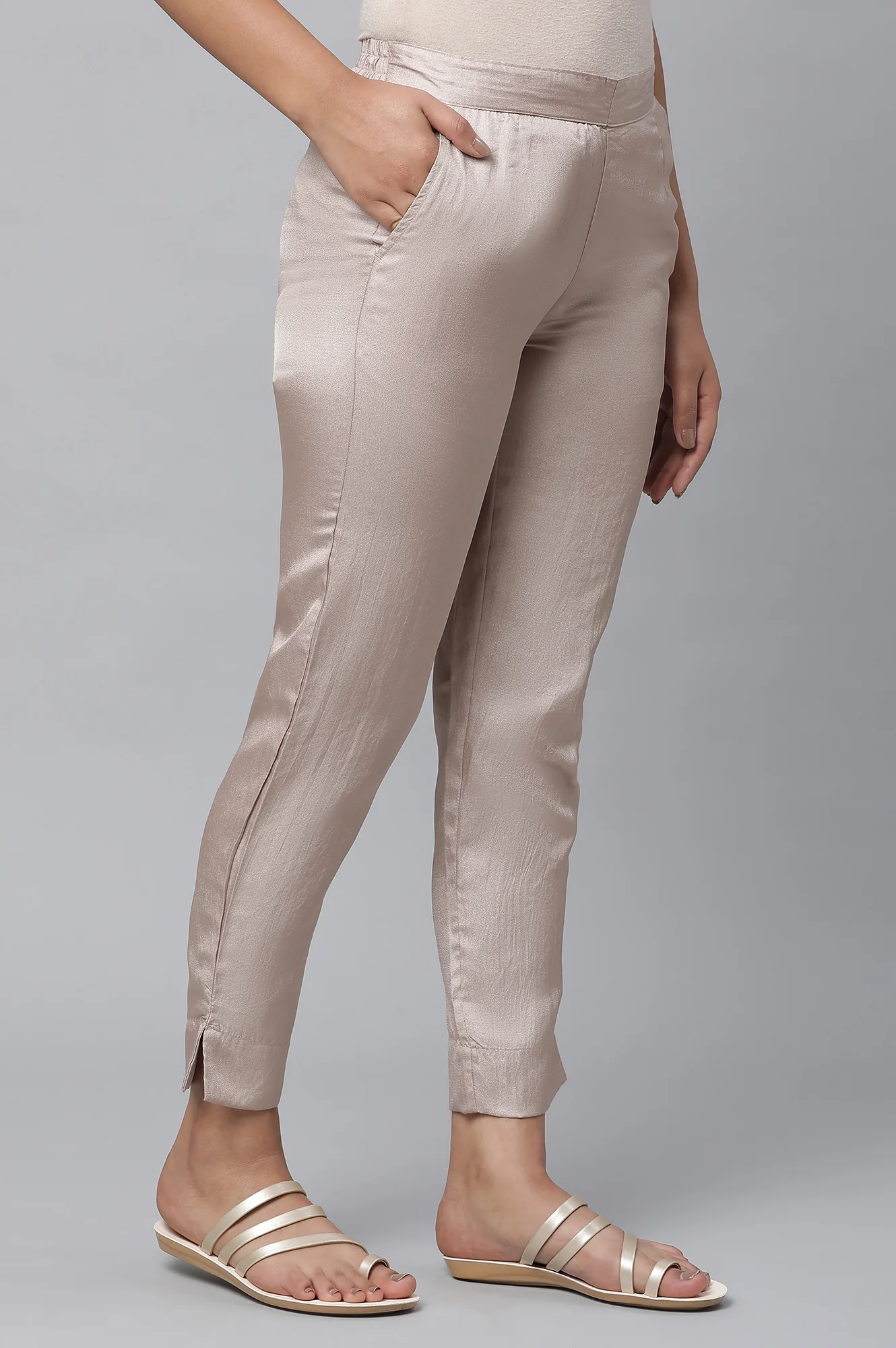Elleven Women's Gold Solid Straight Fit Satin Pants With Elasticated Waist - Image 4