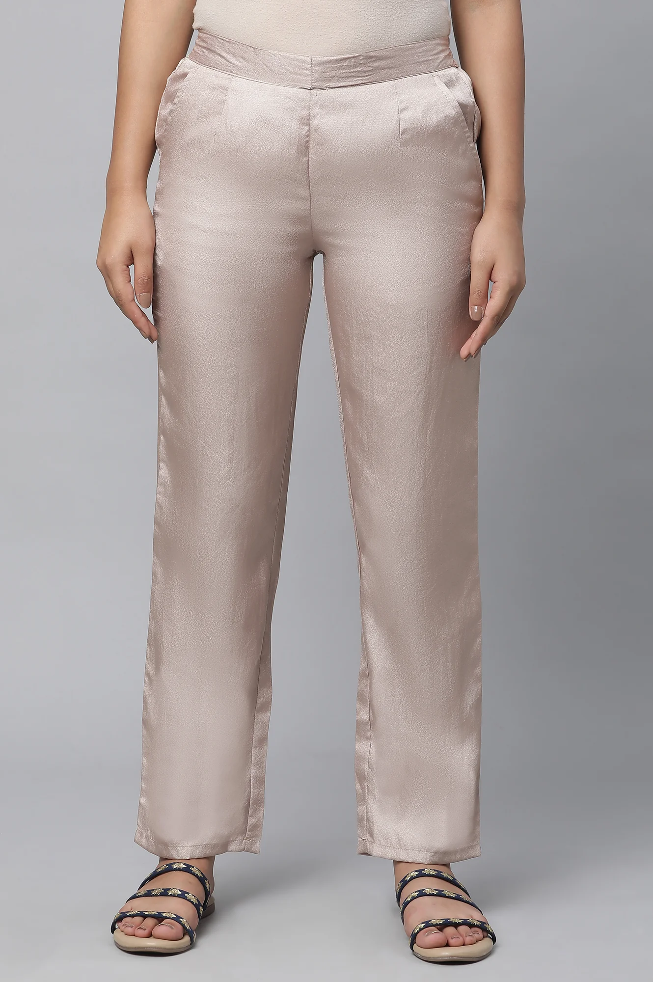 Elleven Women's Gold Solid Straight Fit Satin Pants With Elasticated Waist