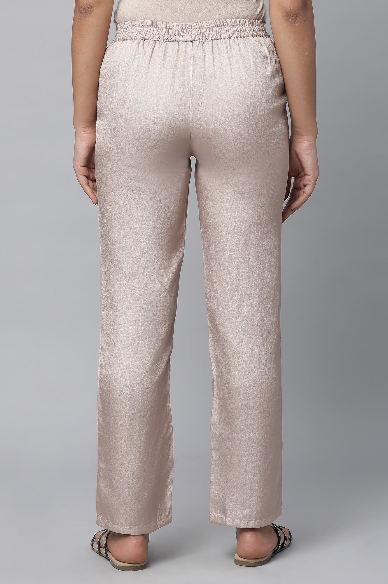 Elleven Women's Gold Solid Straight Fit Satin Pants With Elasticated Waist - Image 2