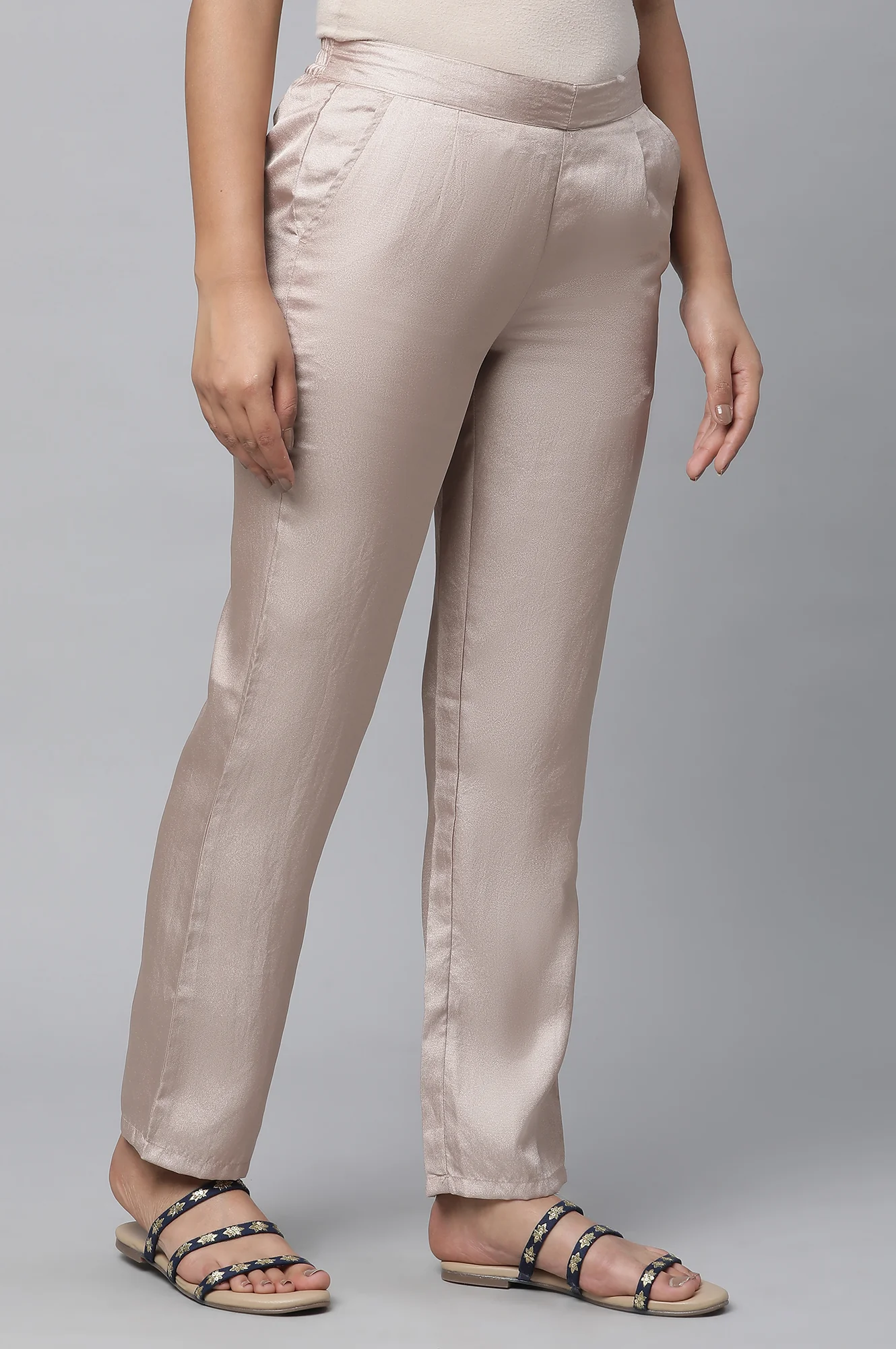 Elleven Women's Gold Solid Straight Fit Satin Pants With Elasticated Waist - Image 4