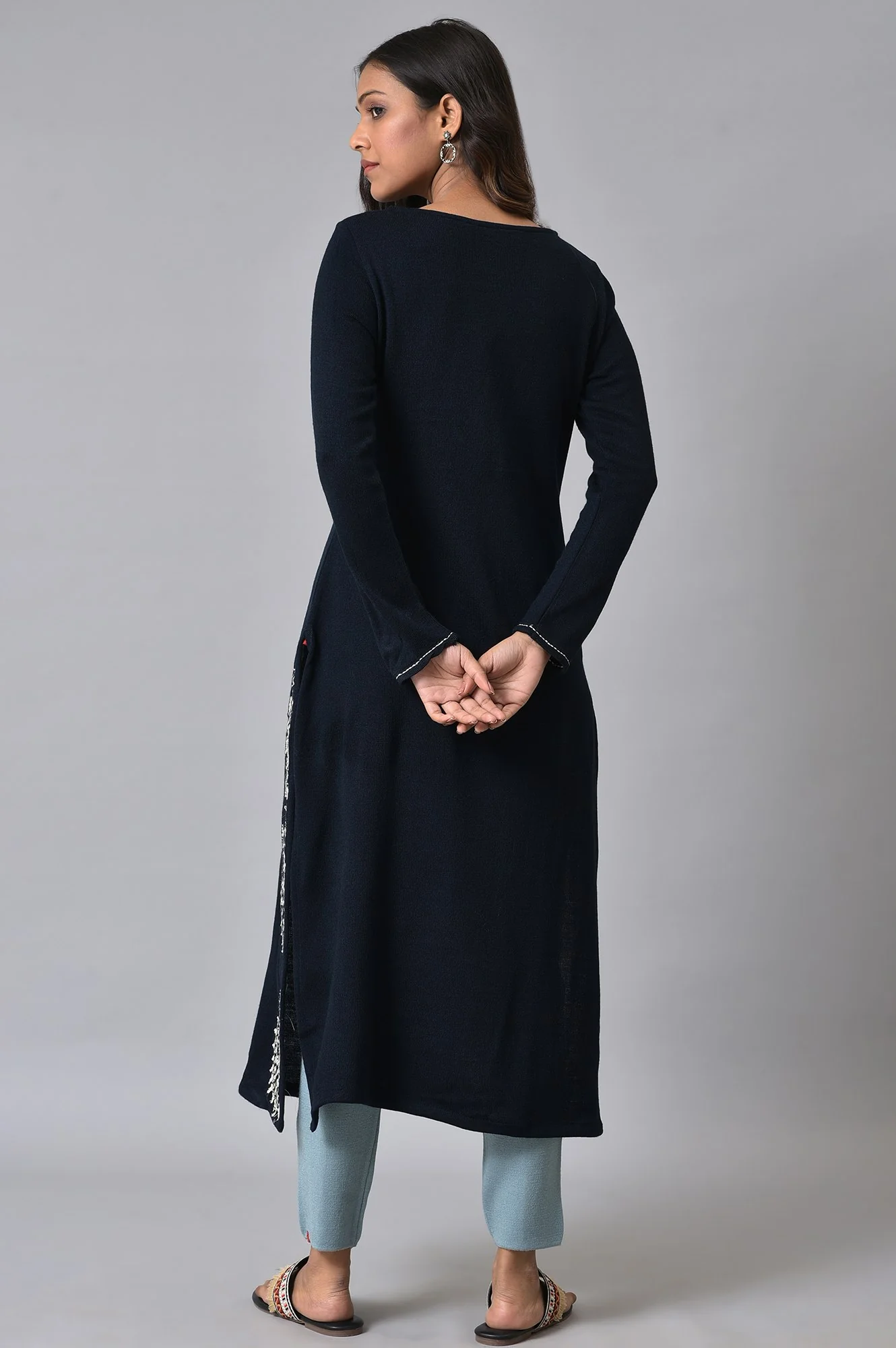 Dark Blue Embroidered Plus Size Winter kurta - Image 2