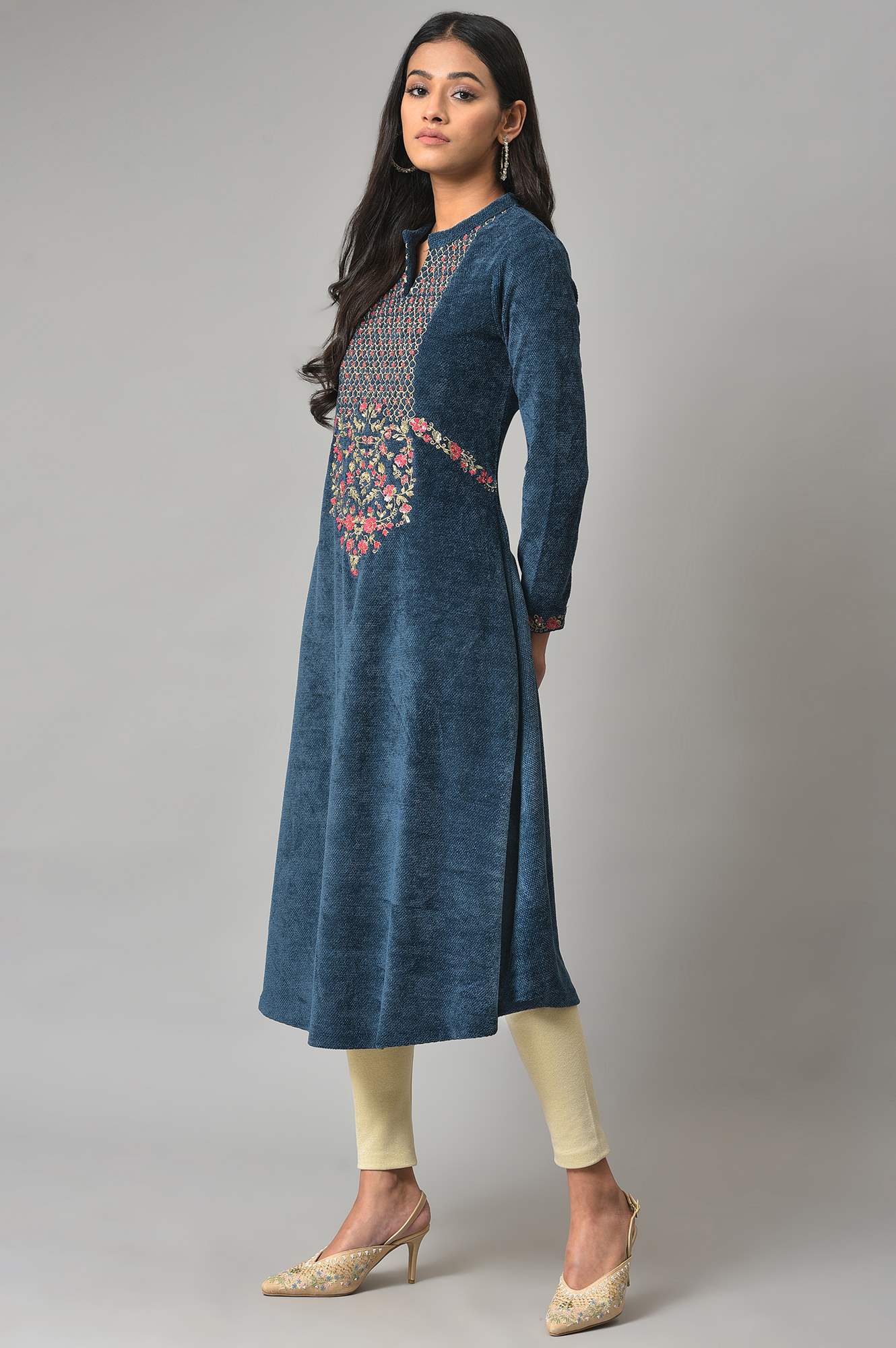 Dark Blue Embroidered Winter kurta - Image 3