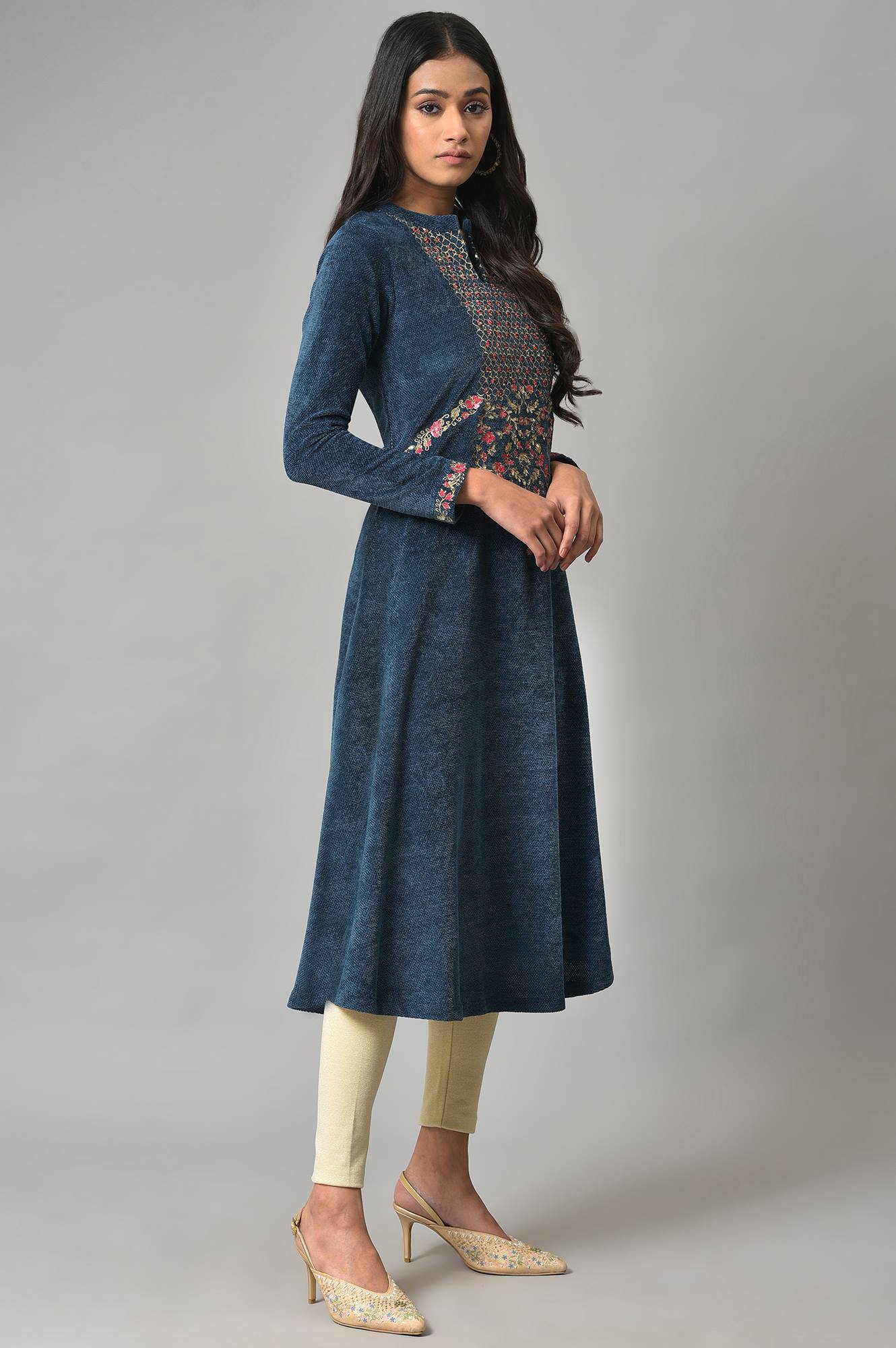Dark Blue Embroidered Winter kurta - Image 4